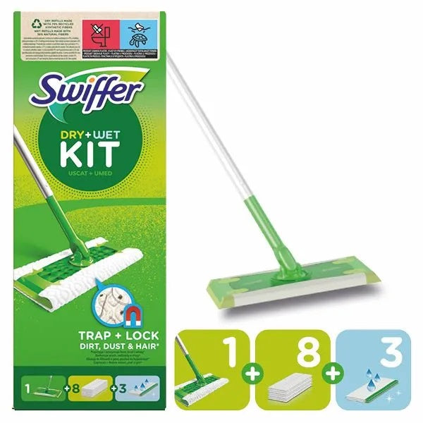 SUPER SET SWIFFER MOP WITH CAP 8 WIPES + 3 CLEANING WIPES Packaging status original
