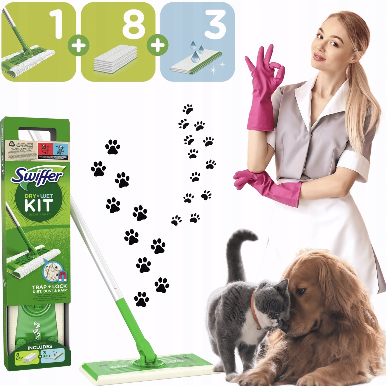 SUPER SET SWIFFER MOP WITH CAP 8 WIPES + 3 CLEANING WIPES