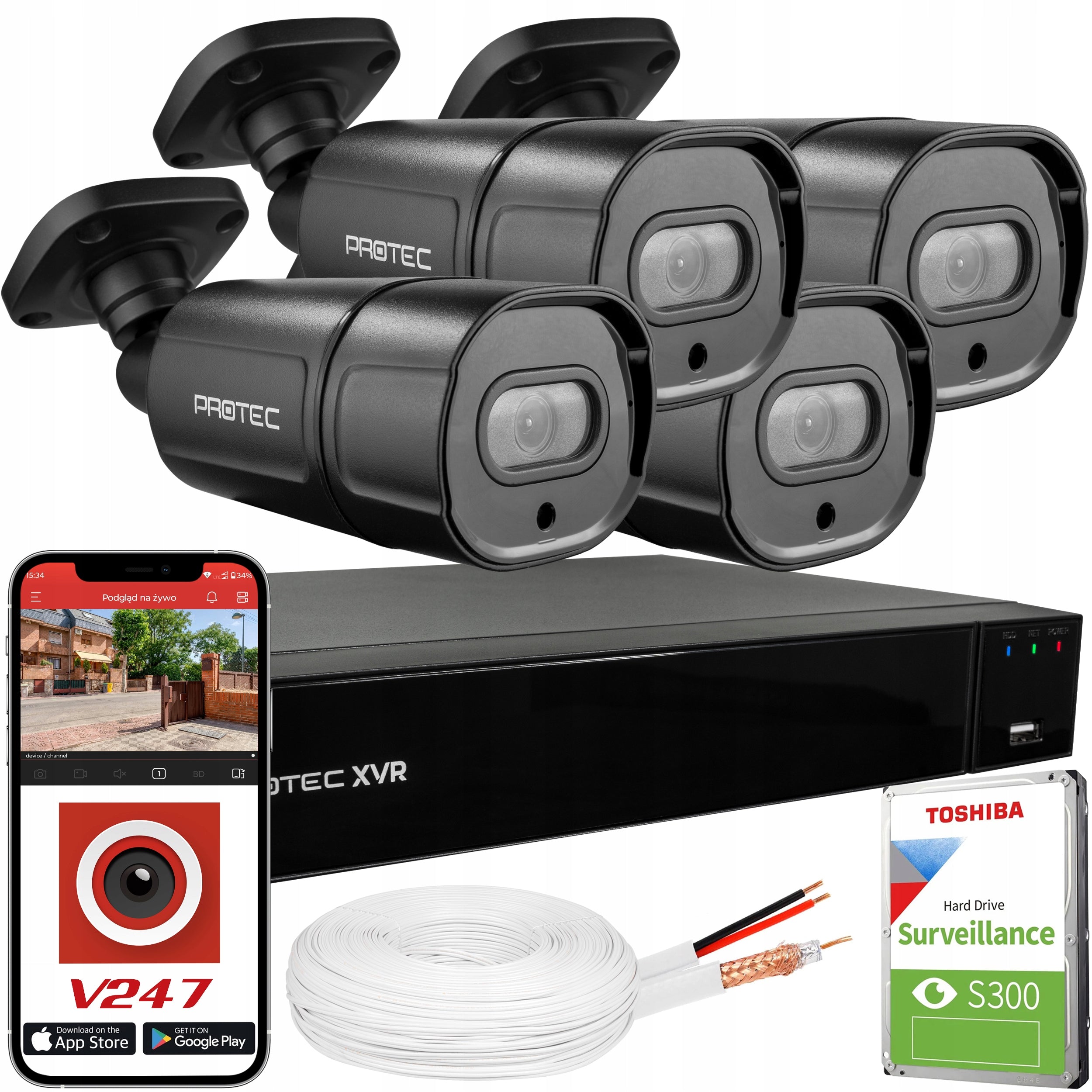 SURVEILLANCE KIT 4 CAMERAS BLACK 8MPX 4K HDD DRIVE 1TB DETECTION IR