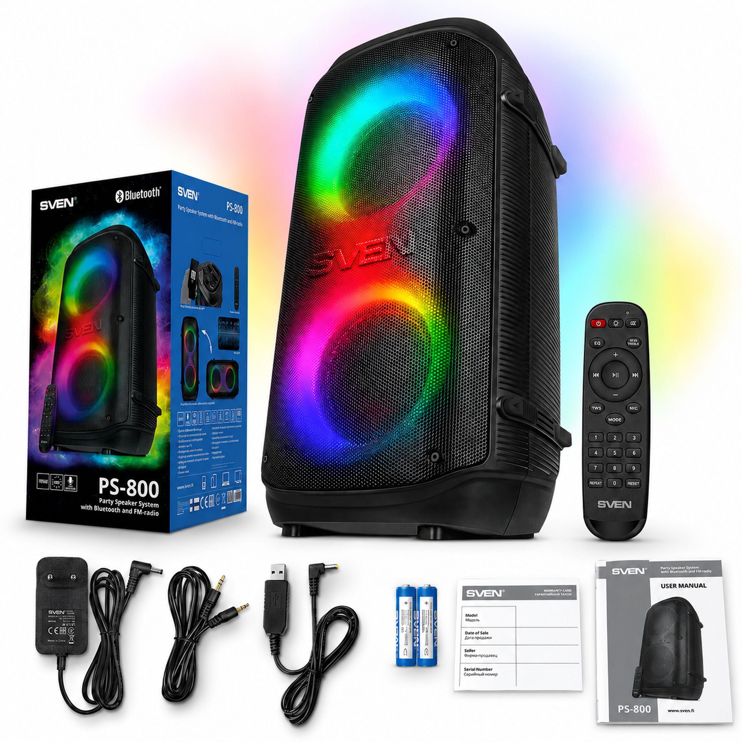 SVEN PS-800 bluetooth FM speaker, TWS powerful bass, portable, wireless