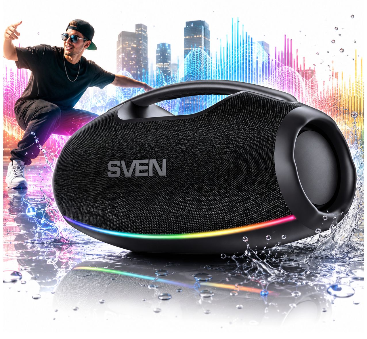 SVEN PS-990 Wireless Bluetooth Speaker, Waterproof, RGB, 180W, Black