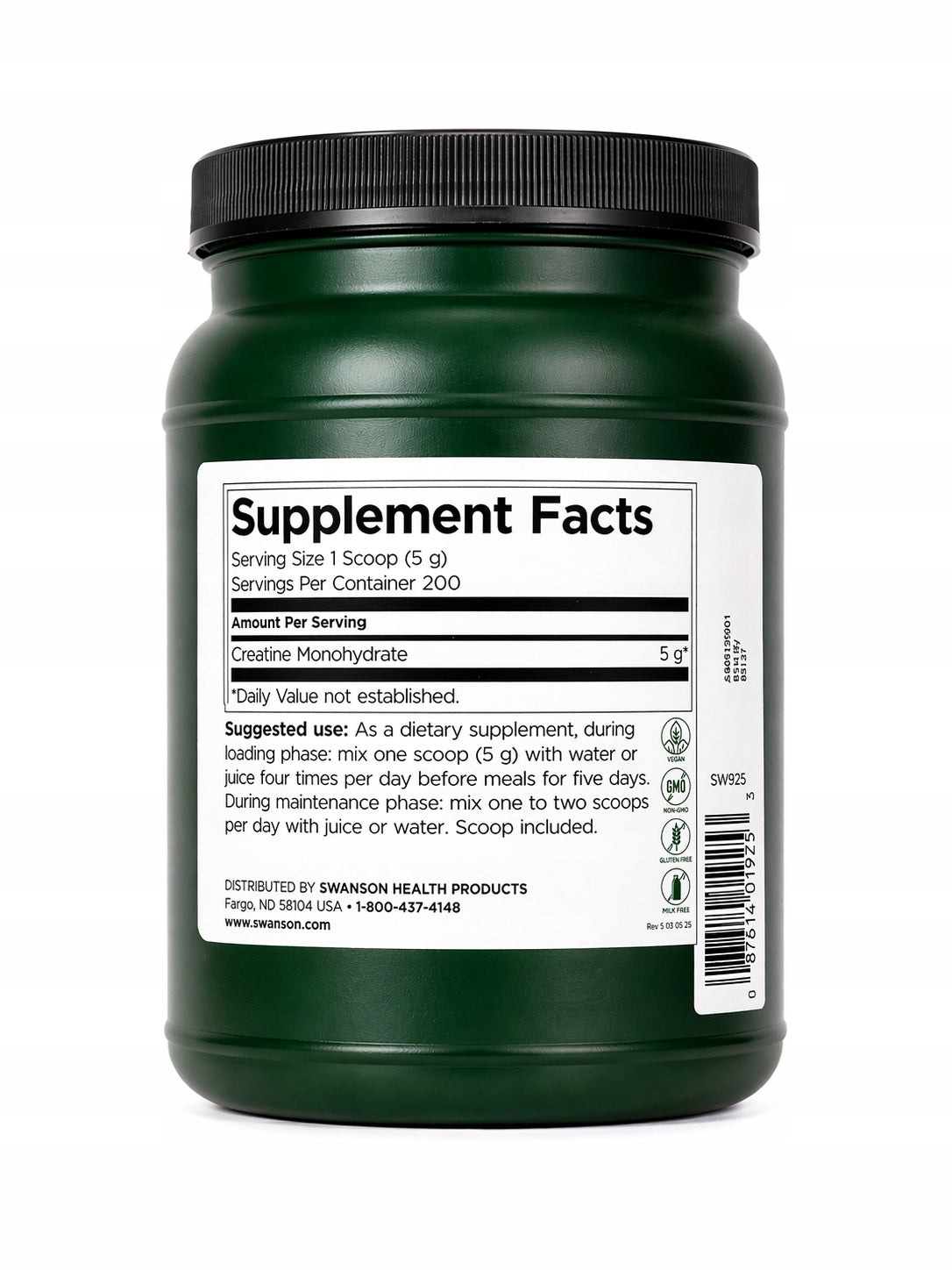 SWANSON CREATINE MONOHYDRATE POWDER 5g 1kg ENERGY AND GREATER EFFICIENCY Kind other
