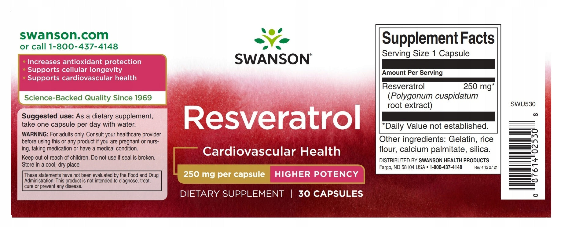 SWANSON Resveratrol (Resveratrol) 250mg - 30 capsules Expiration date at least six months from the date of purchase