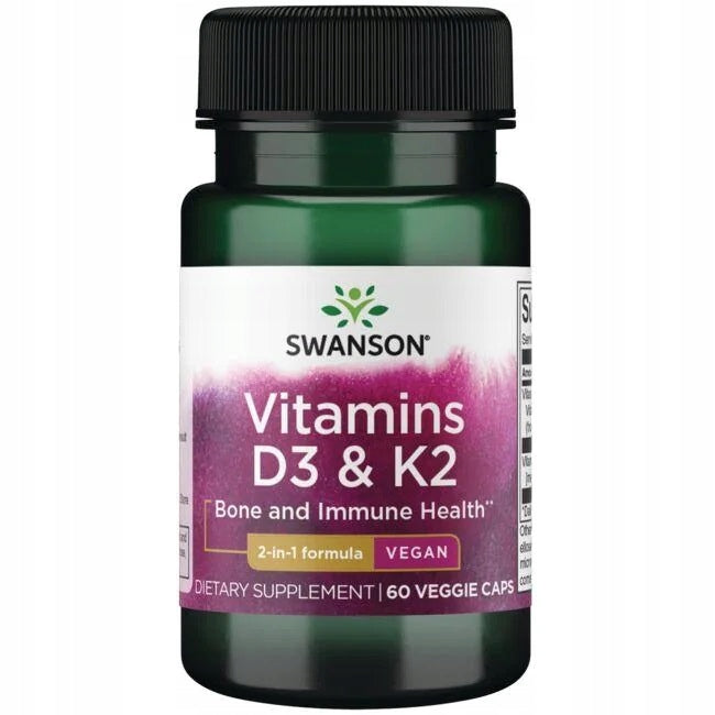 SWANSON VITAMIN D3+K2 VEGETATION 60caps BONE IMMUNITY MUSCLE SPASMS HEART