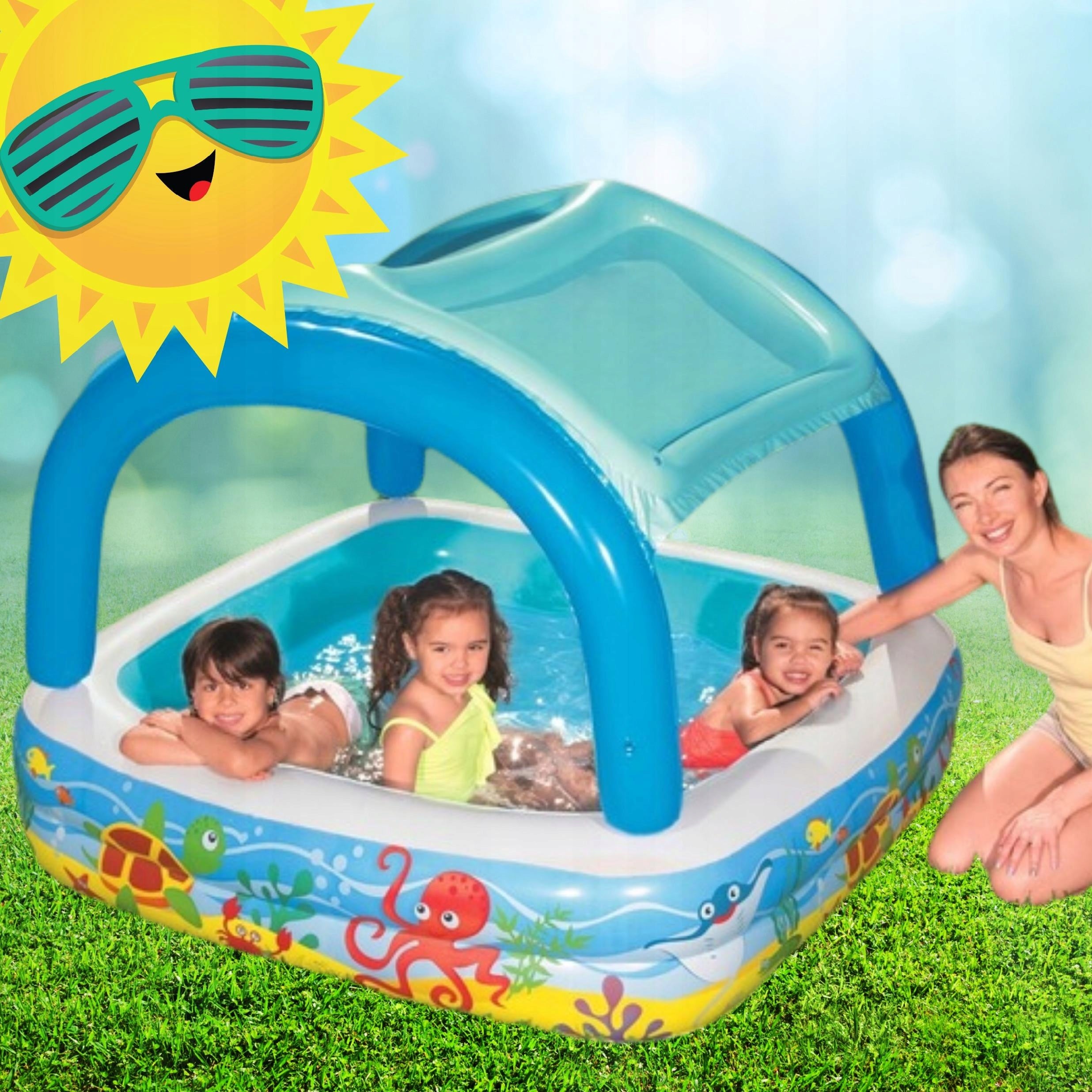 SWIMMING POOL FOR CHILDREN Swimming pool with visor INFLATABLE 2in1 REMOVABLE CANOPY FOR SUMMER Volume 265 l