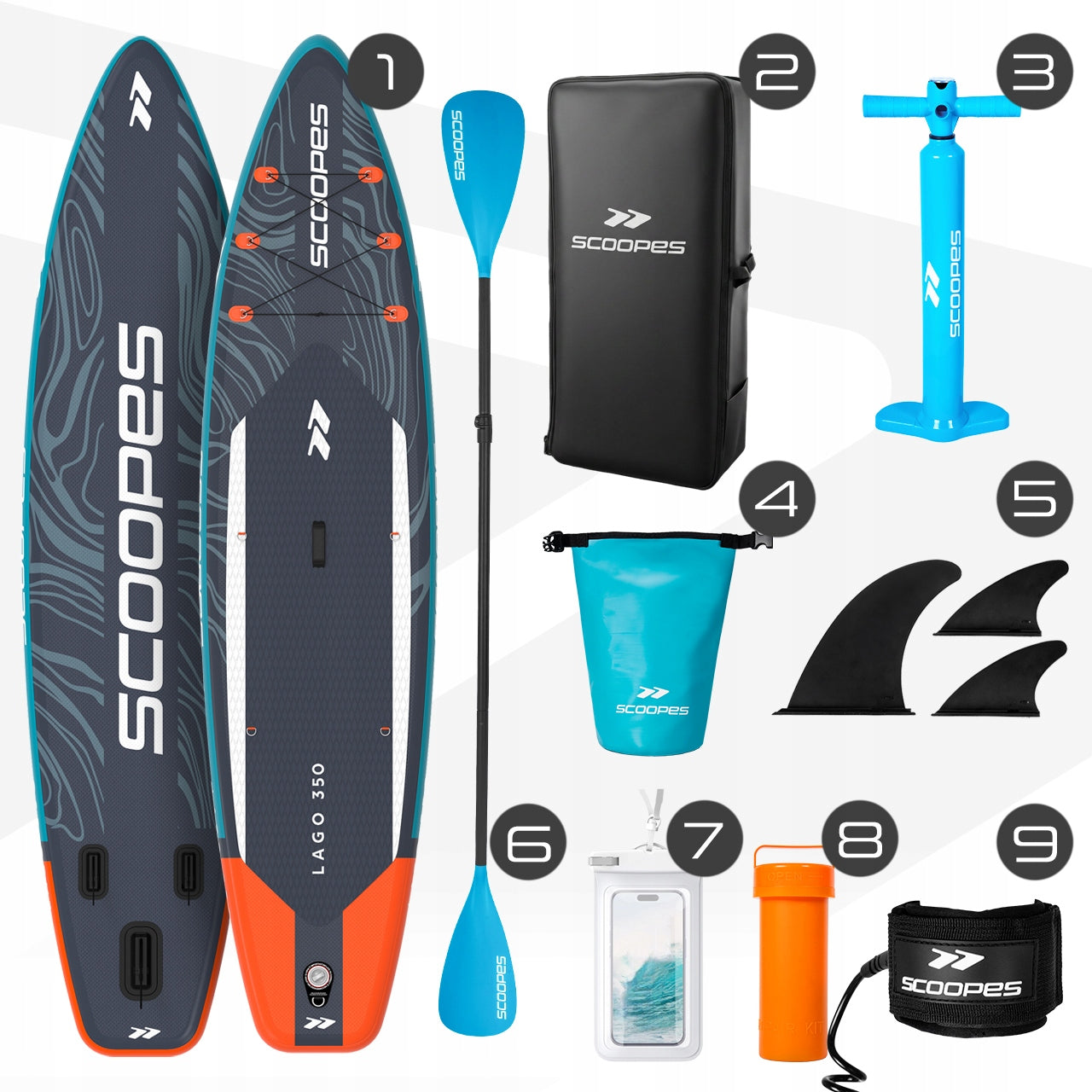 SWIMMING SUP BOARD PUMPED WITH ACCESSORIES SET PADDLE PUMP 350 CM Model LAGO