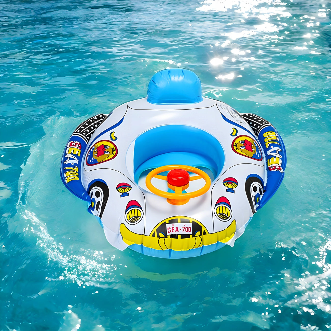 SWIMMING WHEEL MOTORBOAT WITH STEERING WHEEL PONTOON FOR CHILDREN SEAT 66 CM Manufacturer code KOŁO DO PŁYWANIA SAMOCHÓD KLAKSON STABILNE