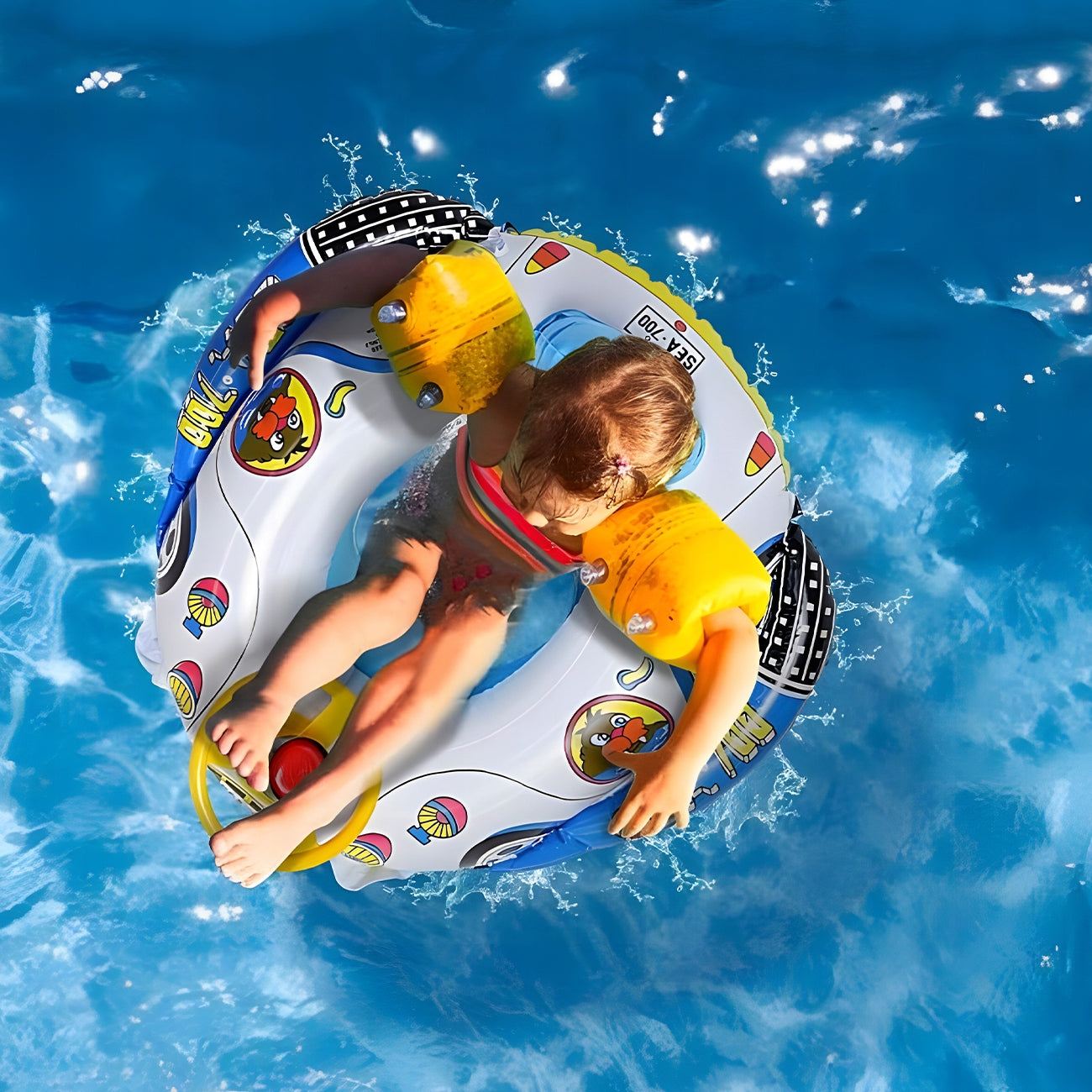 SWIMMING WHEEL MOTORBOAT WITH STEERING WHEEL PONTOON FOR CHILDREN SEAT 66 CM Model KÓŁKO DO PŁYWANIA DLA DZIECI SAMOCHODZIK