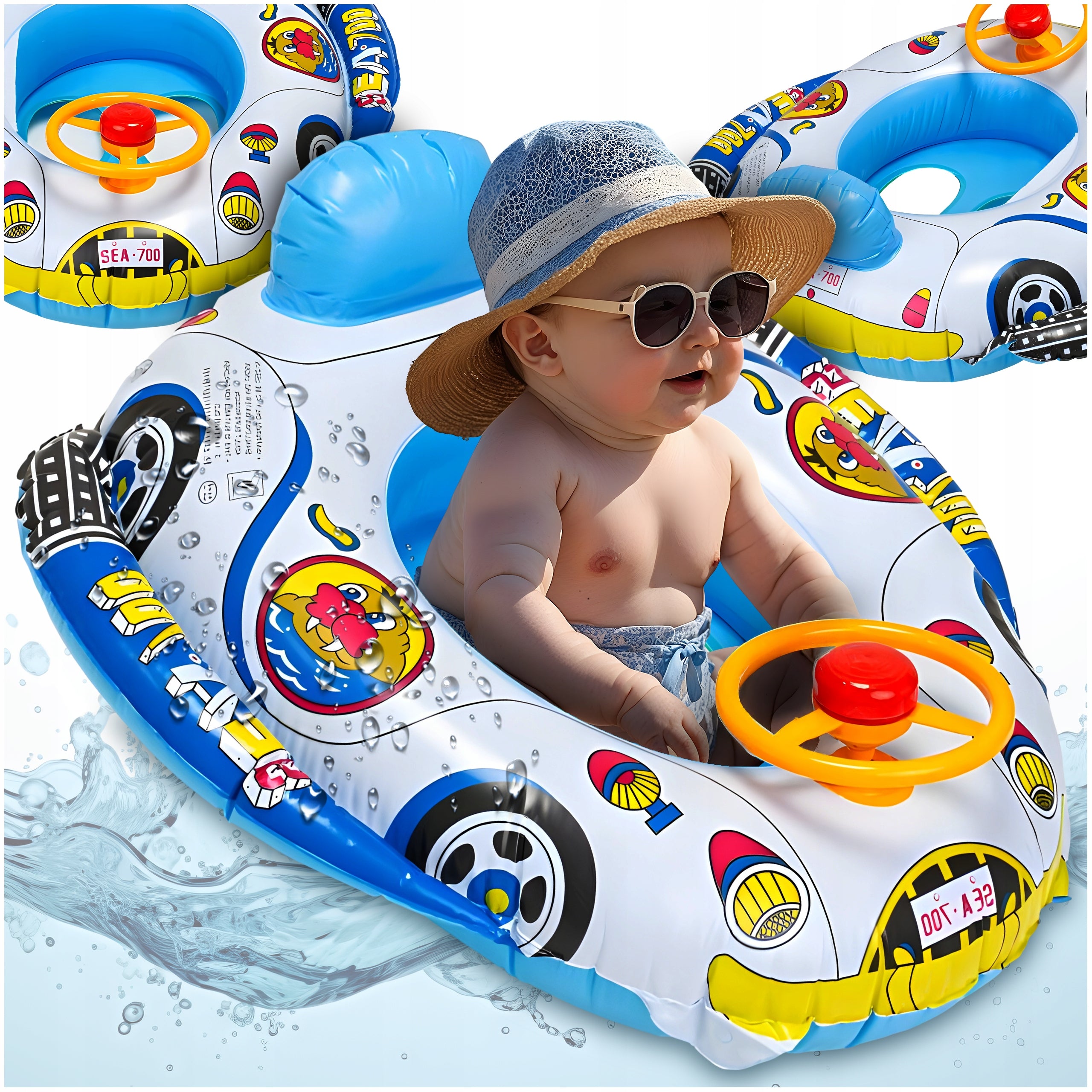SWIMMING WHEEL MOTORBOAT WITH STEERING WHEEL PONTOON FOR CHILDREN SEAT 66 CM