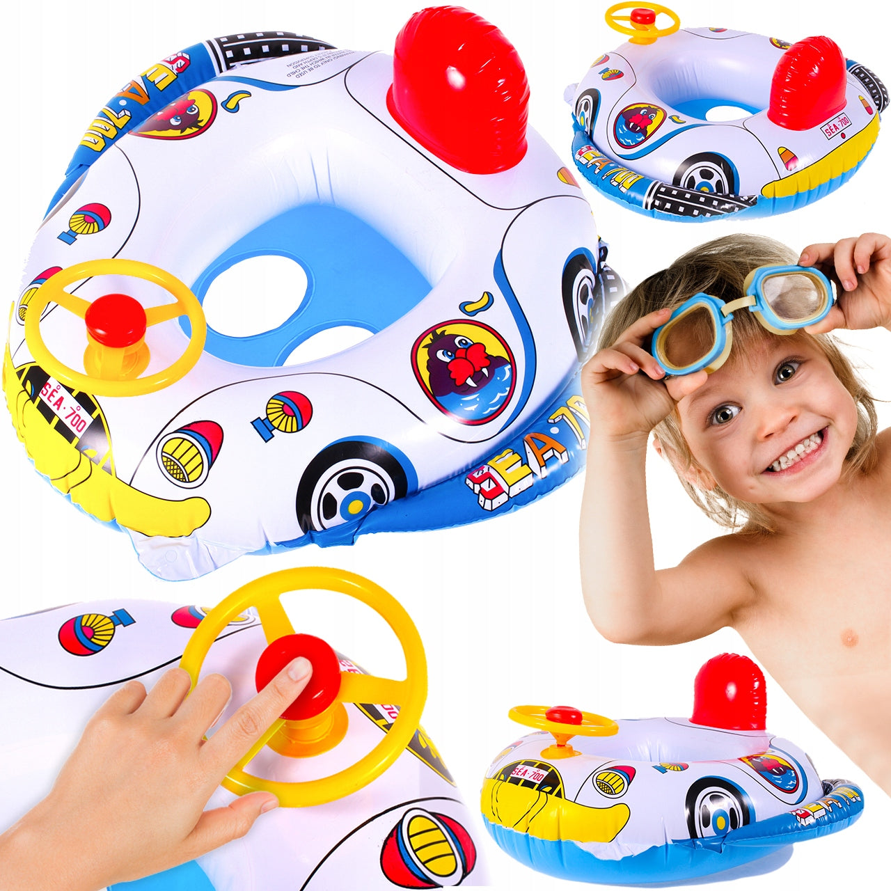 SWIMMING WHEEL MOTORBOAT WITH STEERING WHEEL PONTOON FOR CHILDREN SEAT POOL