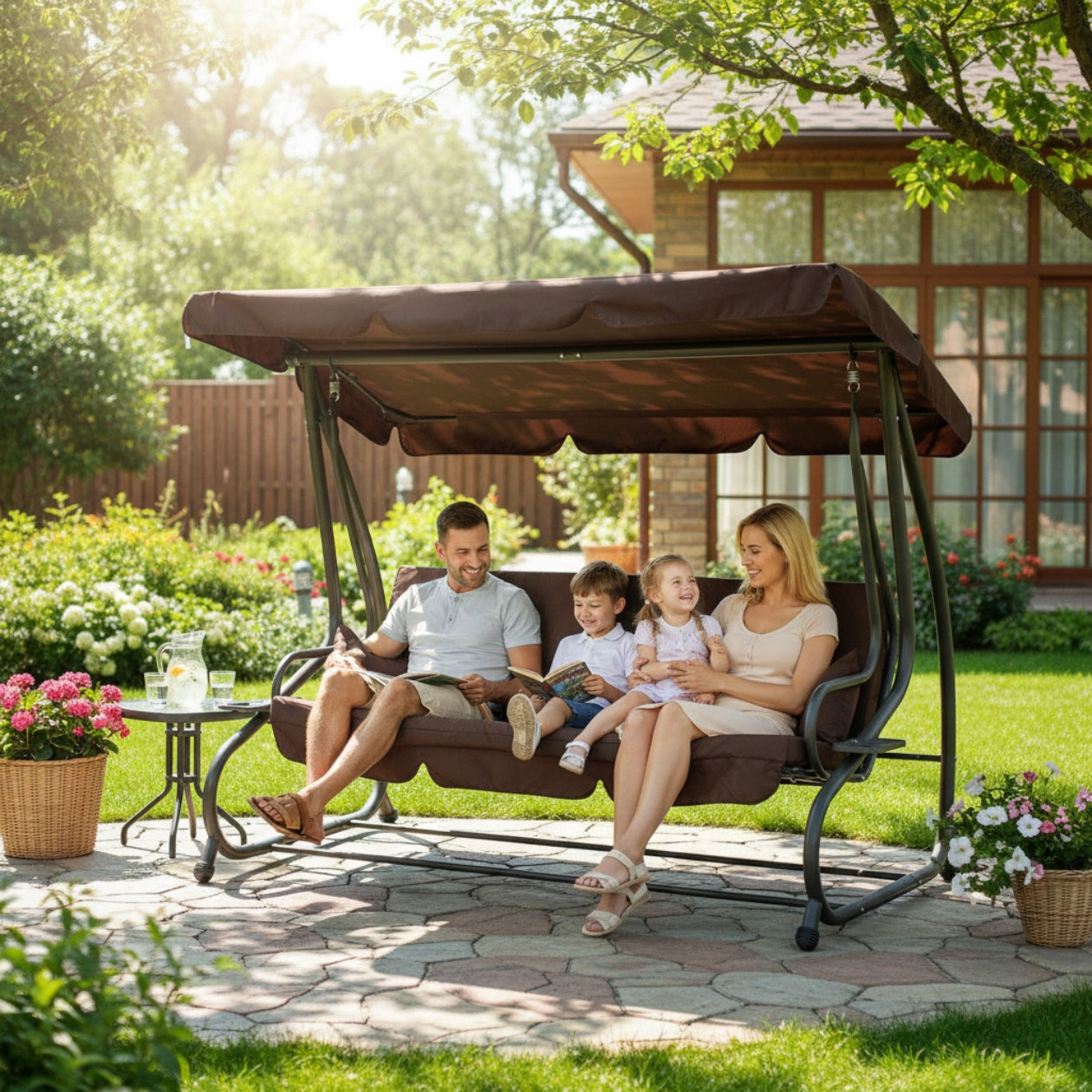 SWING GARDEN ROCKING FREESTANDING CANOPY FOLD-OUT BROWN CUSHIONS Line HUŚTAWKA OGRODOWA BUJANA WOLNOSTOJĄCA
