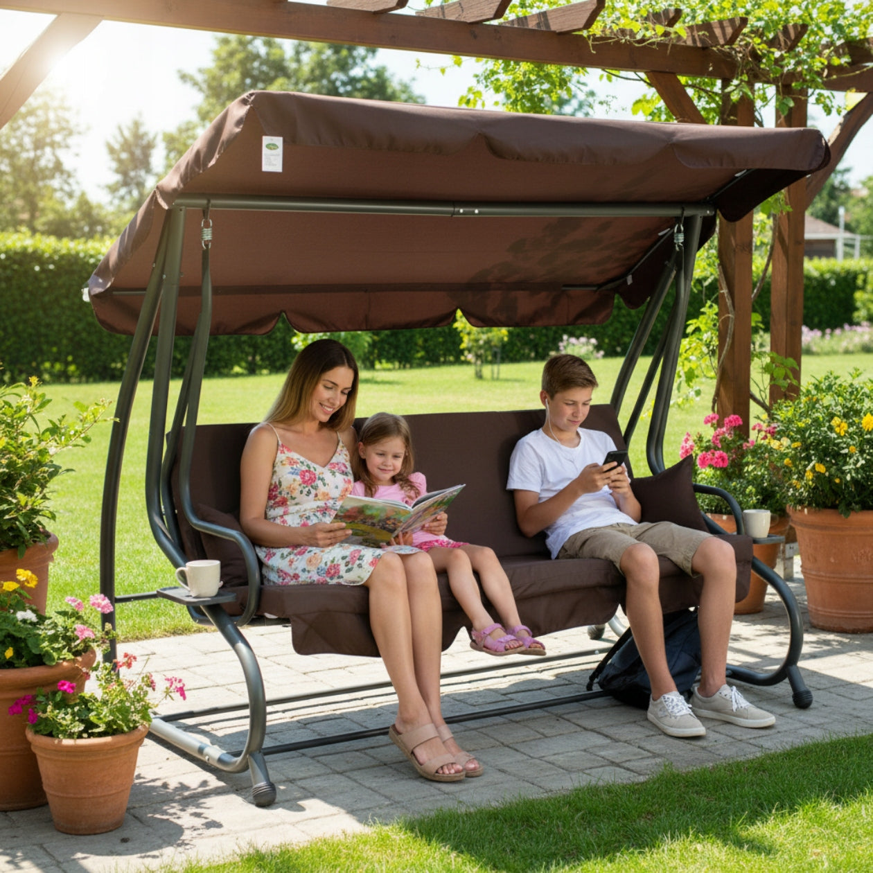 SWING GARDEN ROCKING FREESTANDING CANOPY FOLD-OUT BROWN CUSHIONS Manufacturer code HUŚTAWKA OGRODOWA BUJANA WOLNOSTOJĄCA
