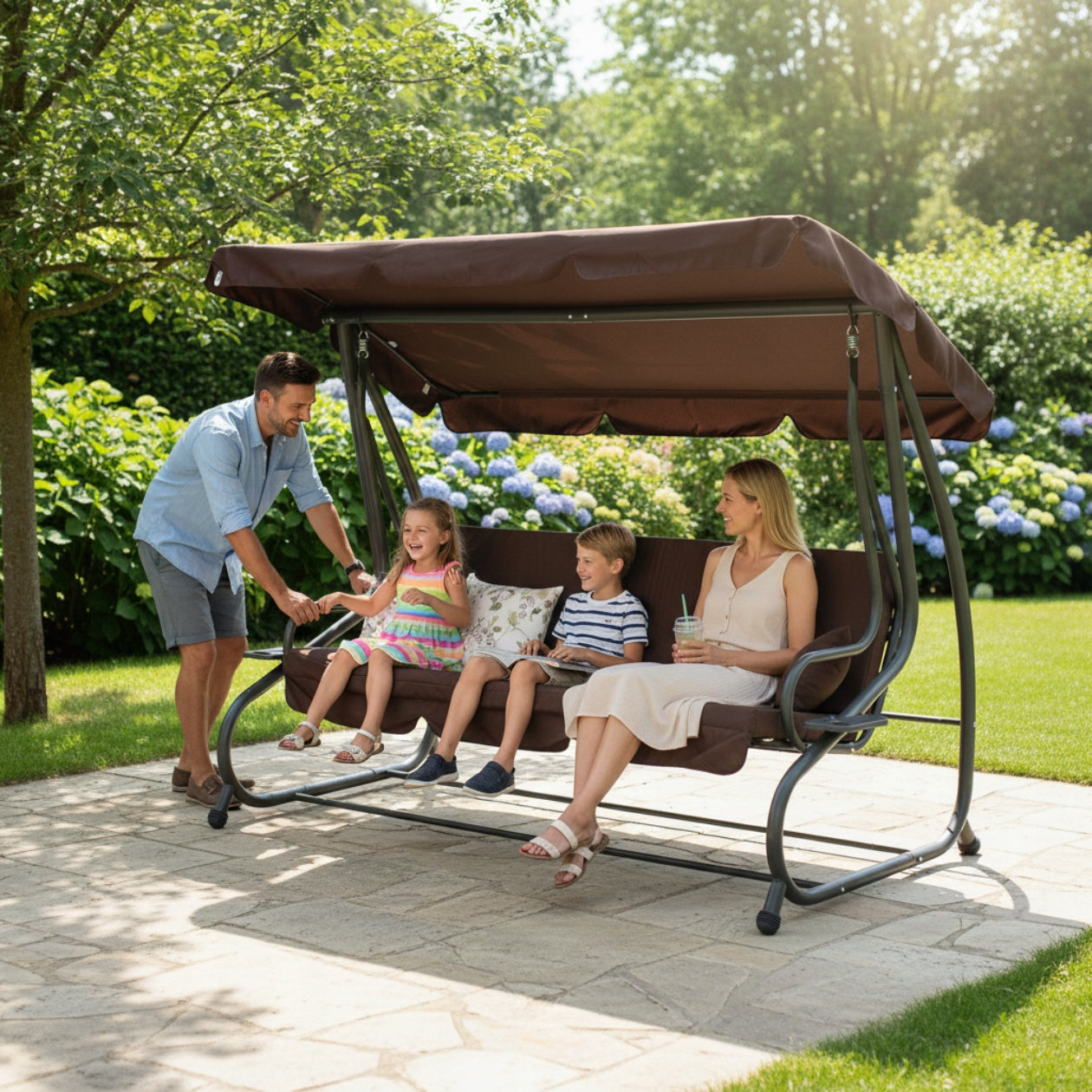 SWING GARDEN ROCKING FREESTANDING CANOPY FOLD-OUT BROWN CUSHIONS Packaging status original