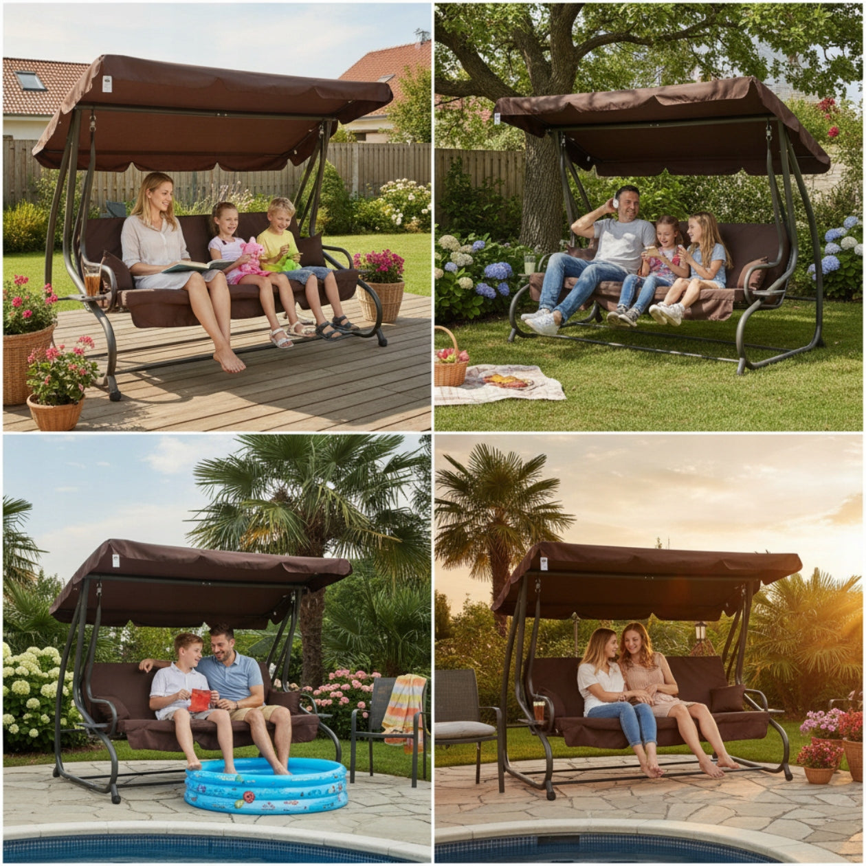 SWING GARDEN ROCKING FREESTANDING CANOPY FOLD-OUT BROWN CUSHIONS Seat length 185 cm