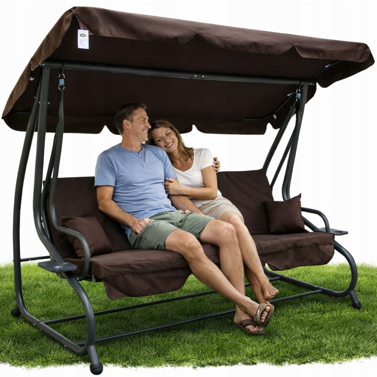 SWING GARDEN ROCKING FREESTANDING CANOPY FOLD-OUT BROWN CUSHIONS