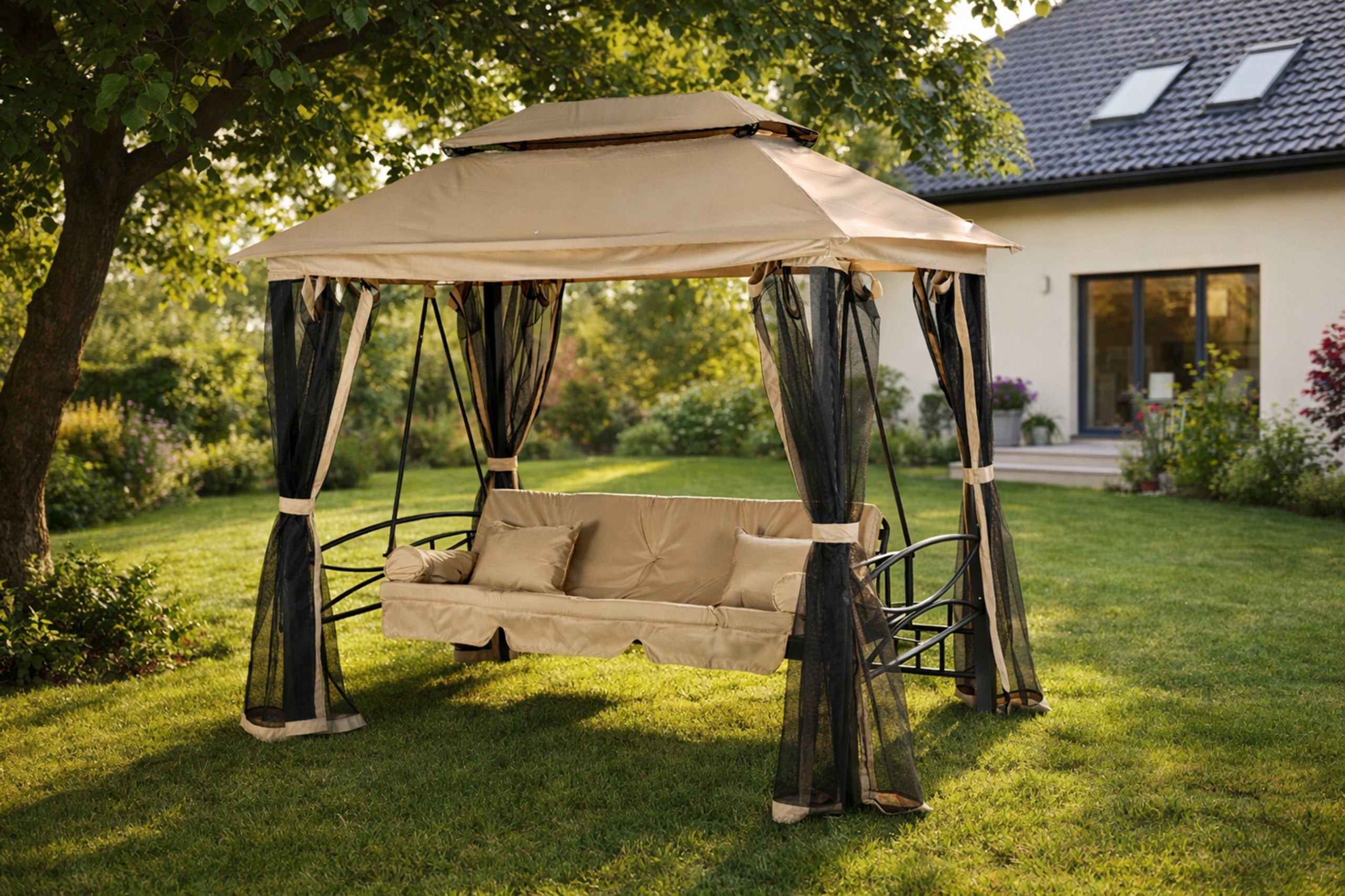 SWING WITH MOSQUITO NET GARDEN FREESTANDING BENCH BEIGE CANOPY CARMEN Packaging status original