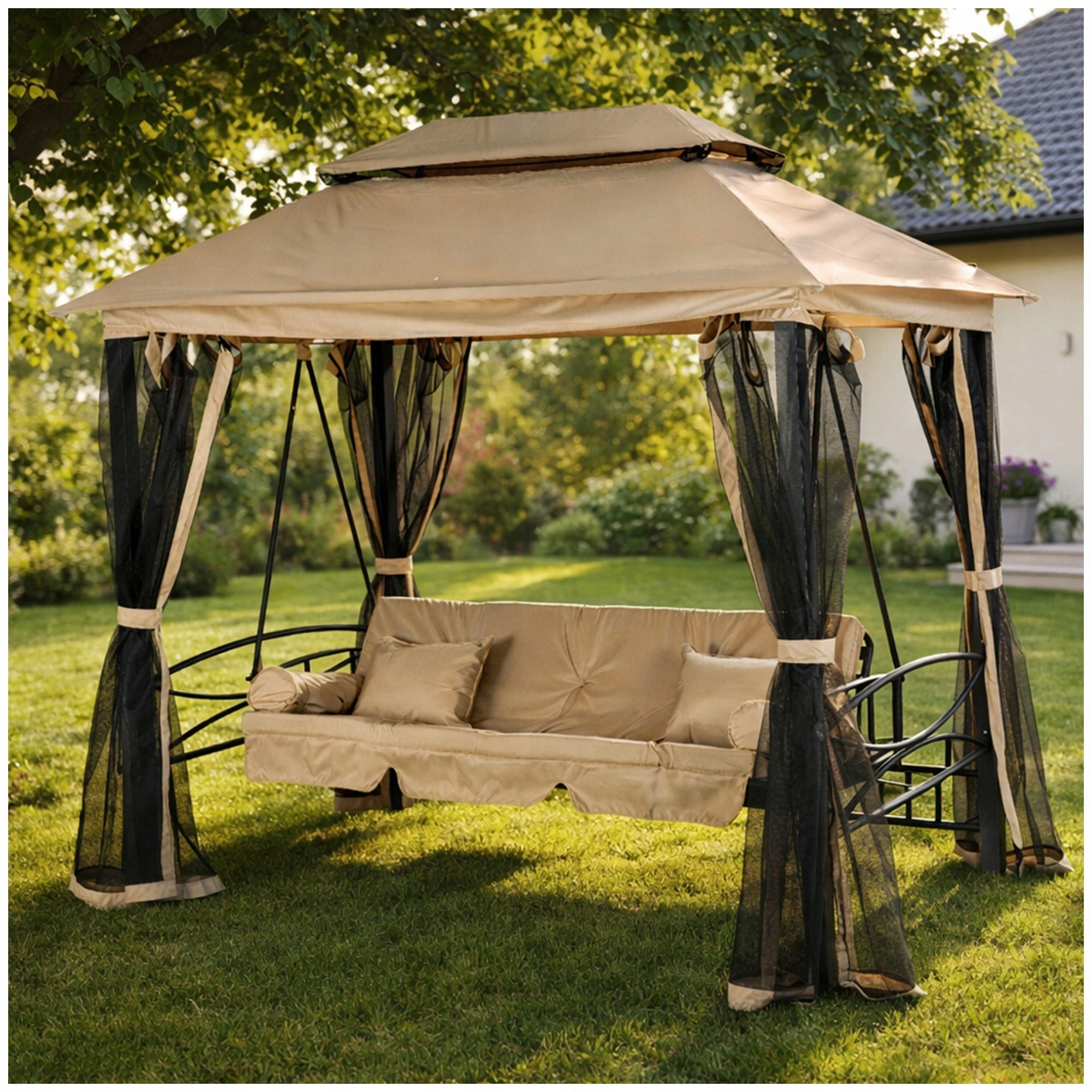 SWING WITH MOSQUITO NET GARDEN FREESTANDING BENCH BEIGE CANOPY CARMEN