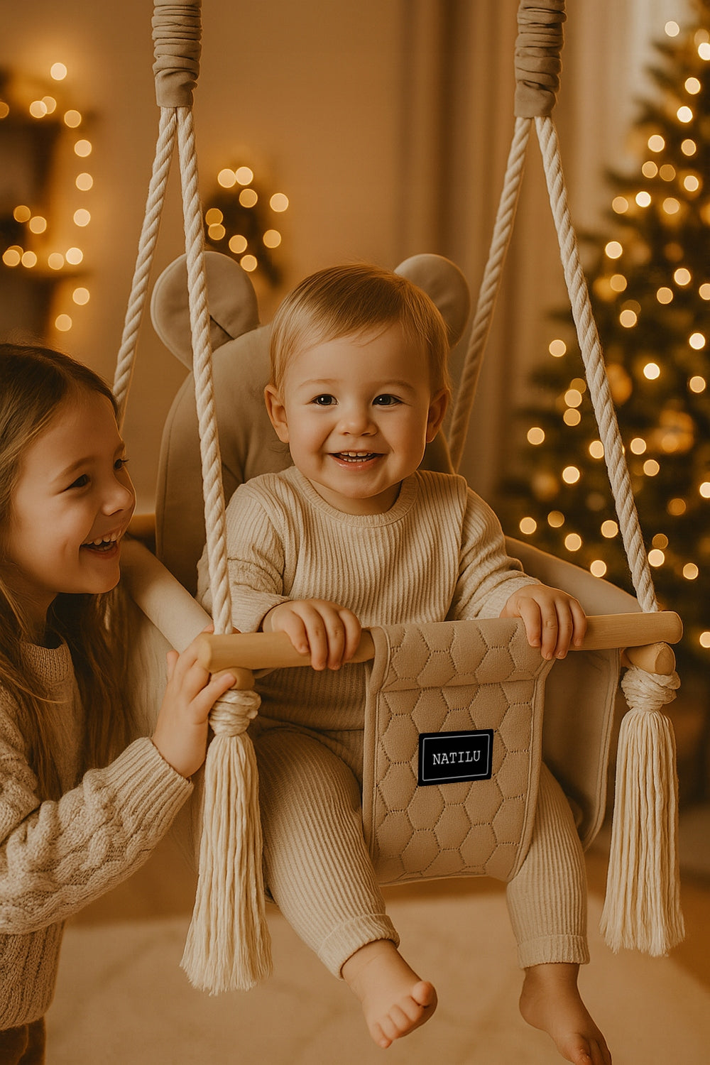 SWING for children wooden BEAR beige swing for home and garden VELVET Manufacturer code 5907803464457