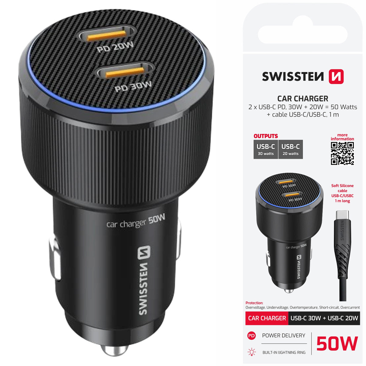SWISSTEN CAR CHARGER 2x USB-C PD 50 W + USB-C cable 1m Packaging status original