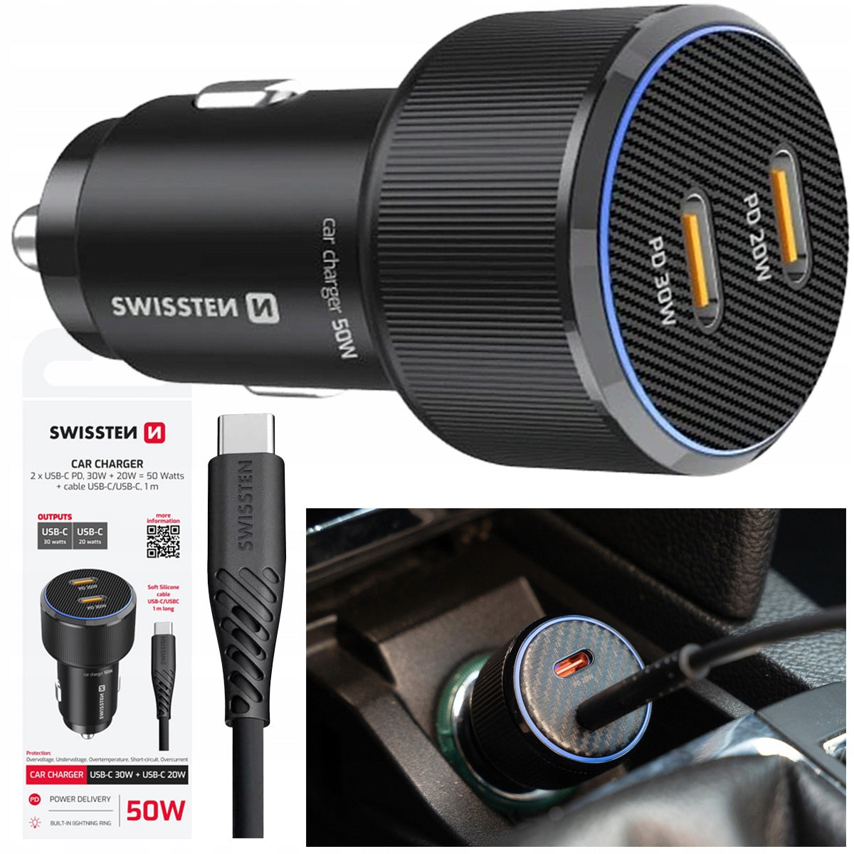 SWISSTEN CAR CHARGER 2x USB-C PD 50 W + USB-C cable 1m