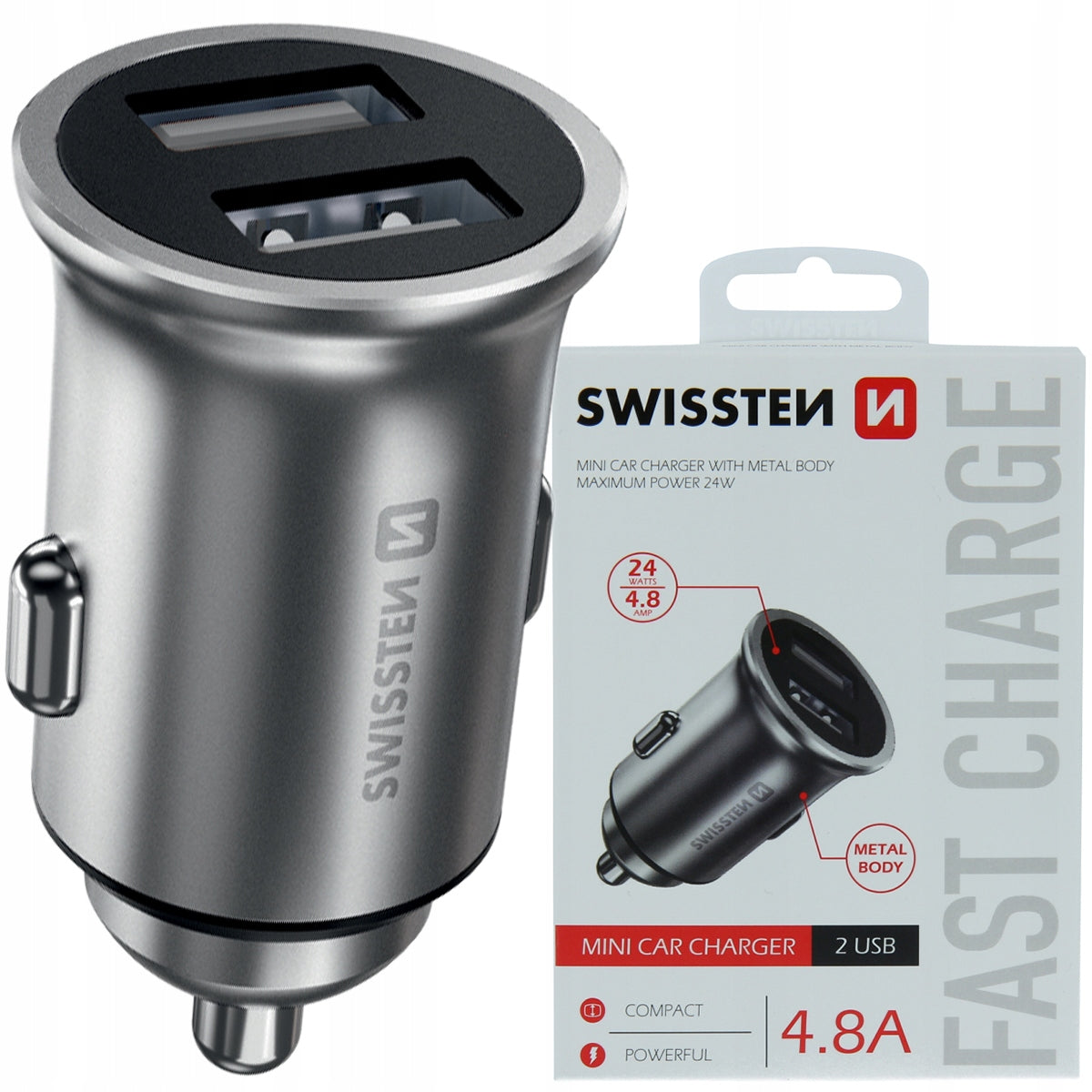 SWISSTEN FAST CAR CHARGER 2x USB 24W Cable length 0 m