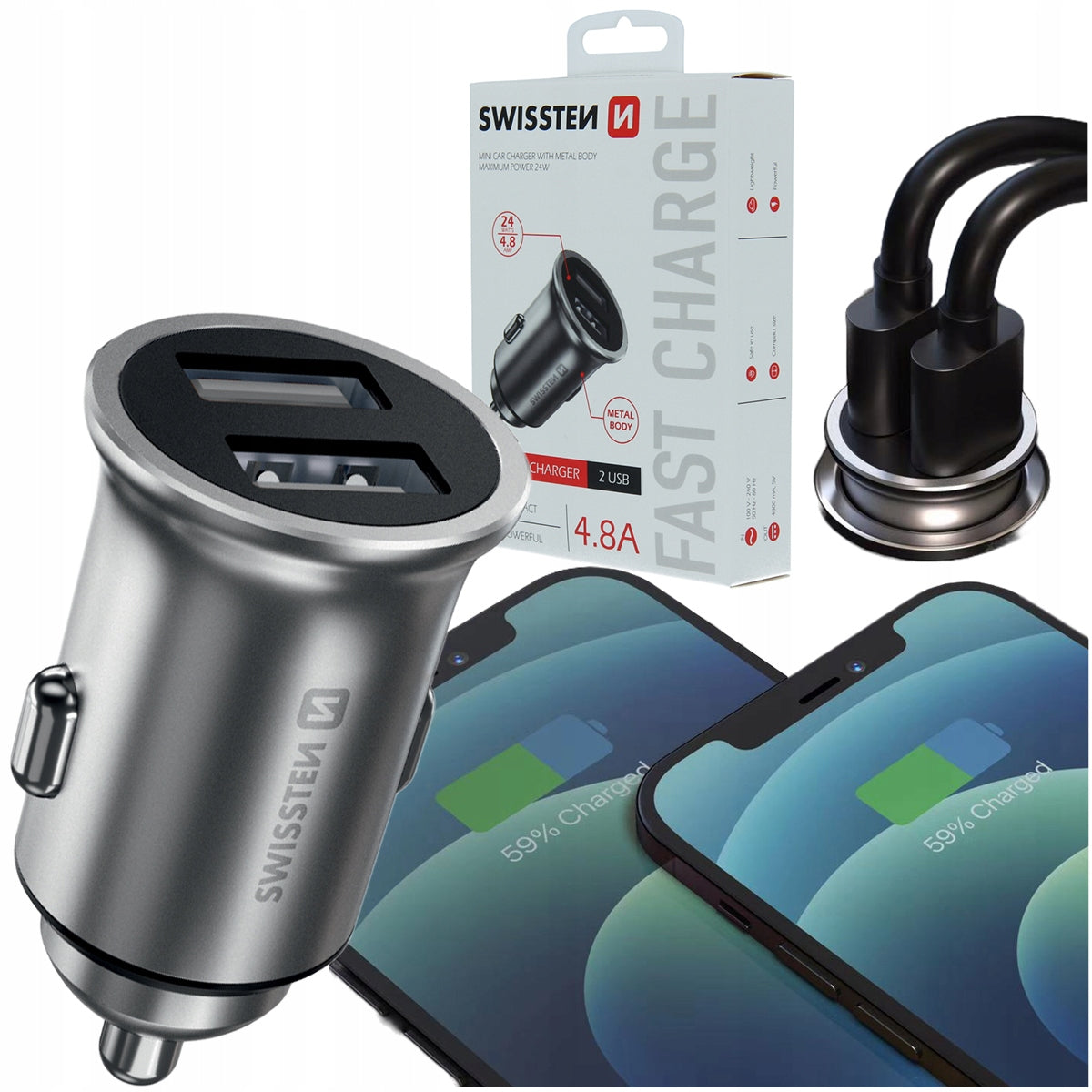 SWISSTEN FAST CAR CHARGER 2x USB 24W