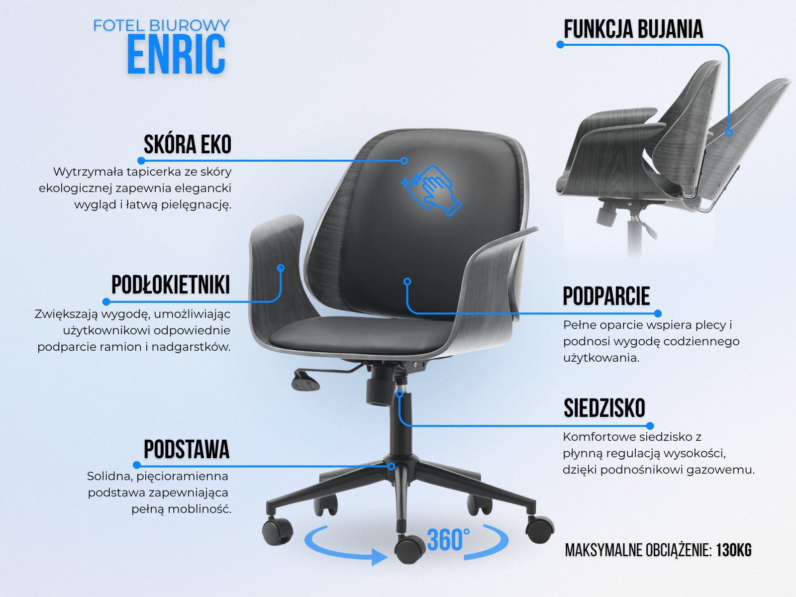 SWIVEL CHAIR ADJUSTABLE IN WOOD AND LEATHER ENRIC WALNUT BLACK CHROME Manufacturer code 5907698612988