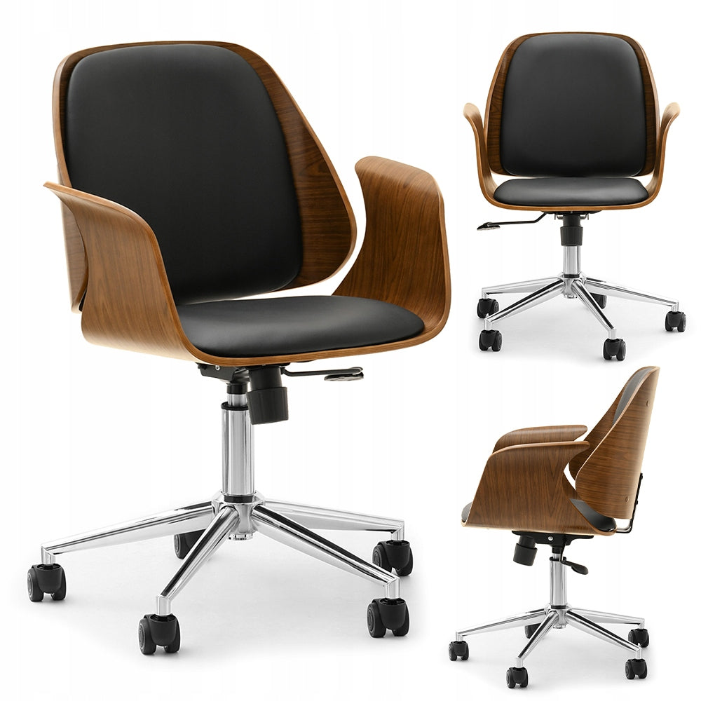 SWIVEL CHAIR ADJUSTABLE IN WOOD AND LEATHER ENRIC WALNUT BLACK CHROME