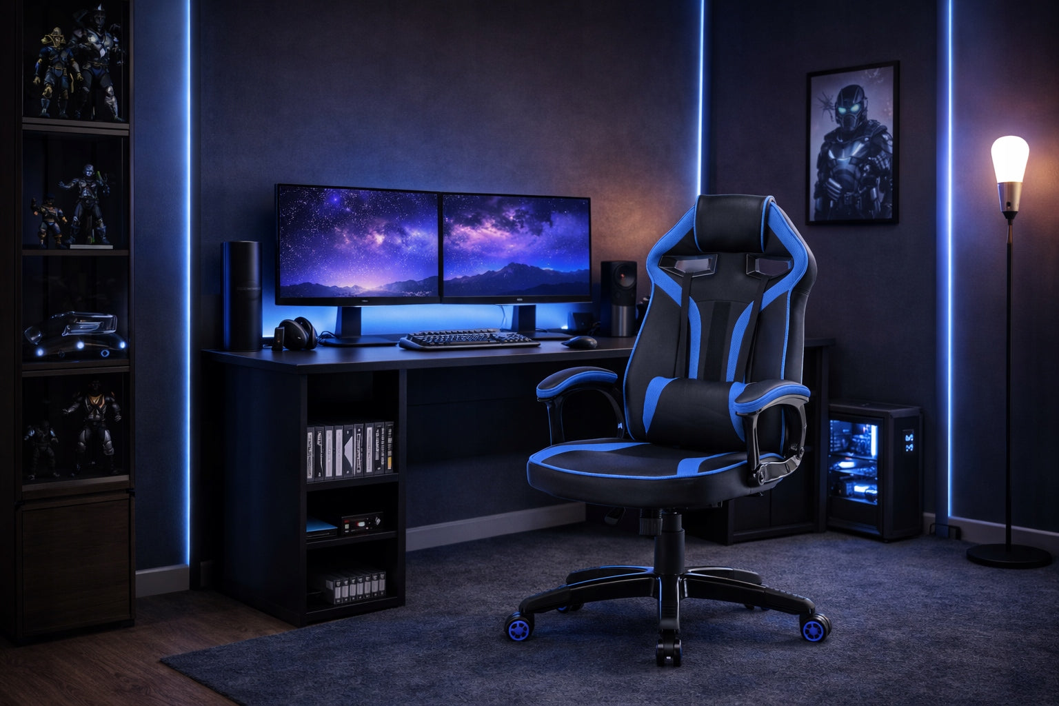 SWIVEL CHAIR GAMING DRIFT CHAIR WHEELS FAUX LEATHER BLACK BLUE Medical device no
