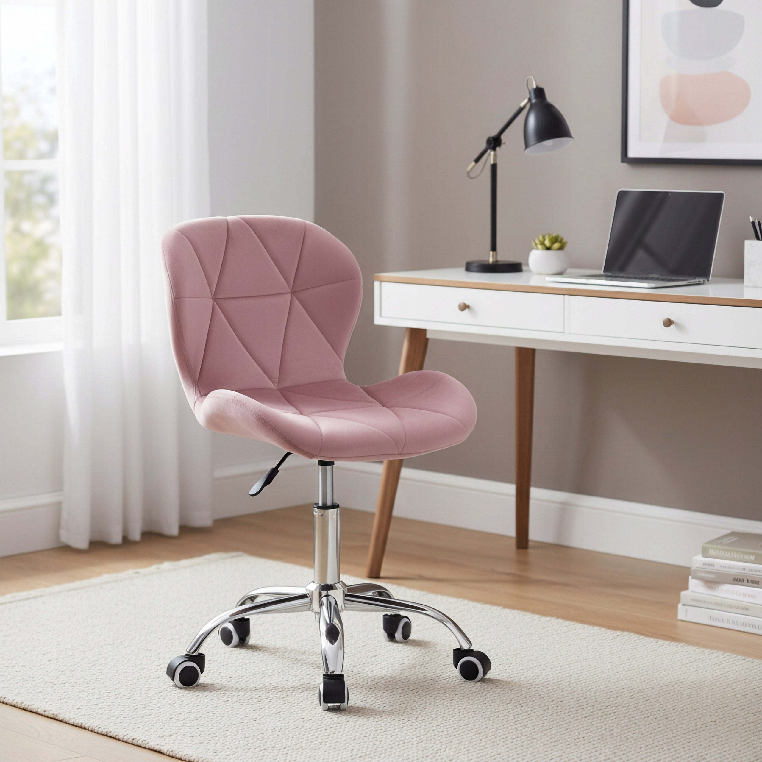 SWIVEL CHAIR OFFICE CHAIR PINK ERGONOMIC VELOUR CHROME ON WHEELS Packaging status original