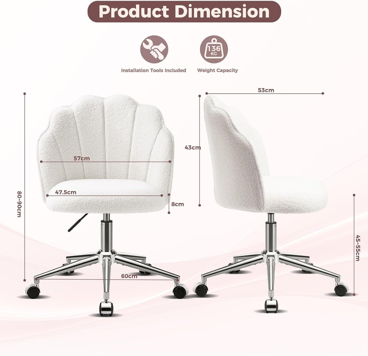 SWIVEL COSMETIC CHAIR ON WHEELS ADJUSTABLE WHITE Packaging status original