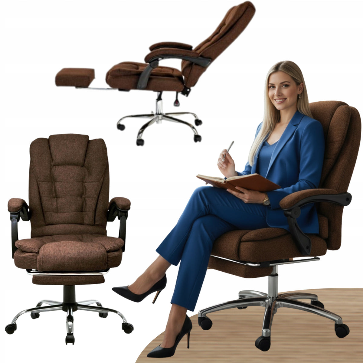 SWIVEL OFFICE CHAIR Adjustable with Footrest Headrest Brown Material