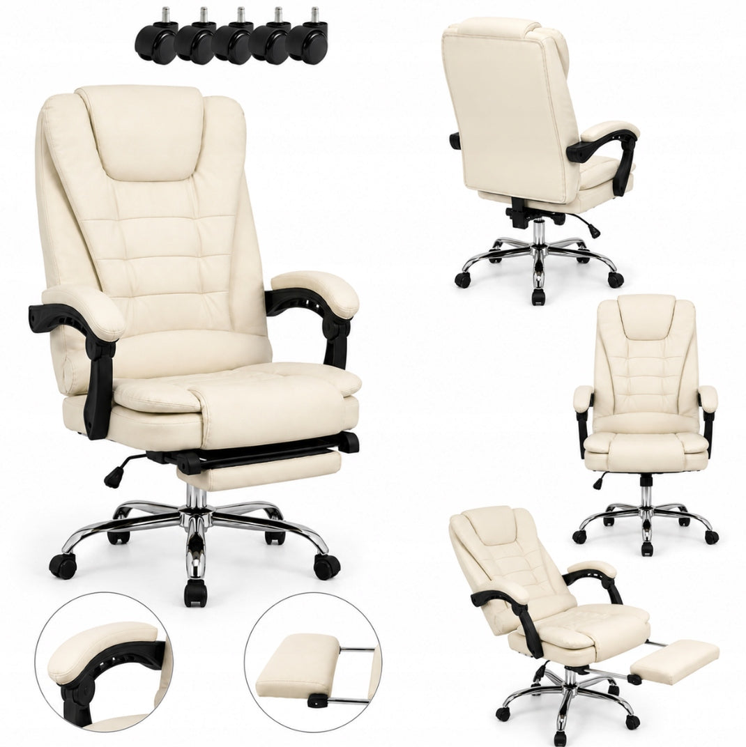 SWIVEL OFFICE CHAIR WITH FOOTREST CREAM PREMIUM DESK CHAIR