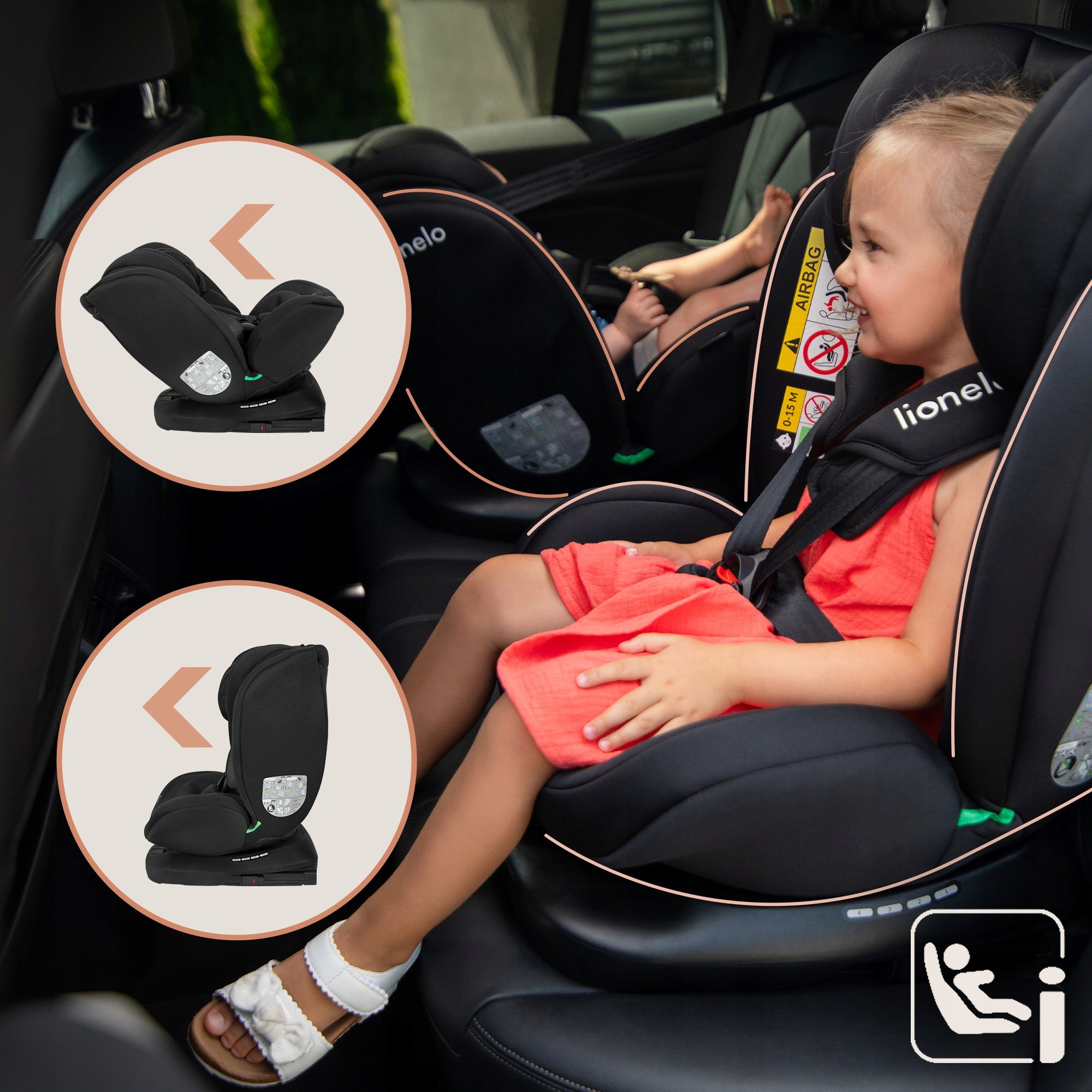 SWIVEL car seat isofix 40-150cm + organizer LIONELO I-SIZE Manufacturer code obrotowa baza 360', wkładka dri-seat, Isofix