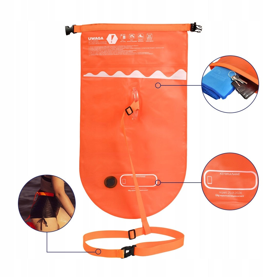Safety buoy inflatable for swimming dry pocket Majestic Sport Model STICKY