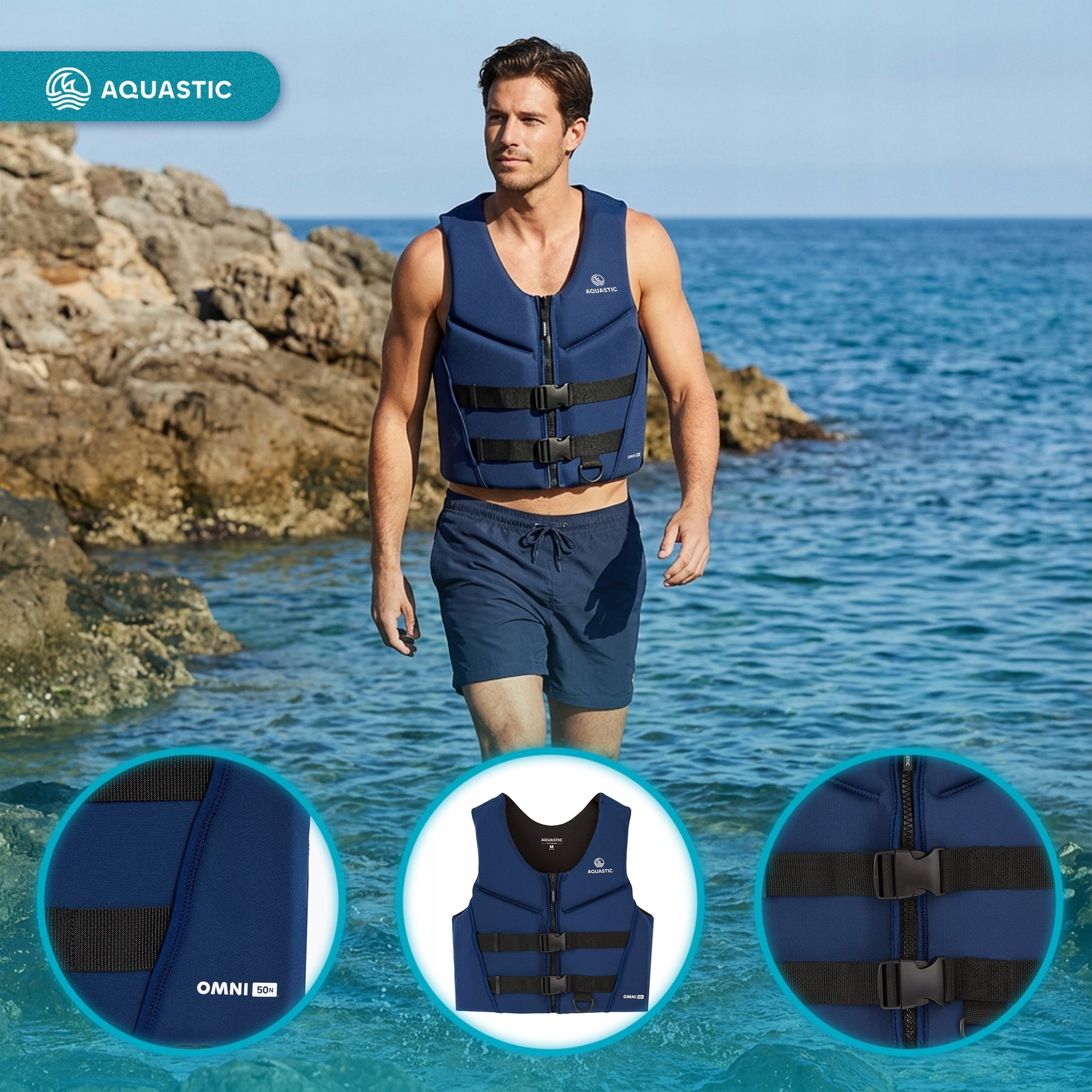 Safety vest AQUASTIC Omni 50N neoprene navy blue L (70-90 kg) Model Omni 50N