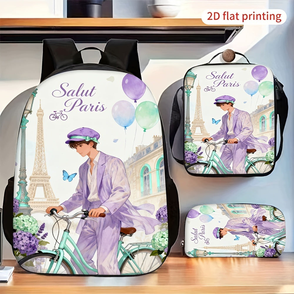 Salut Paris Eiffel Tower Print 3-Piece Backpack Set with Crossbody Bag