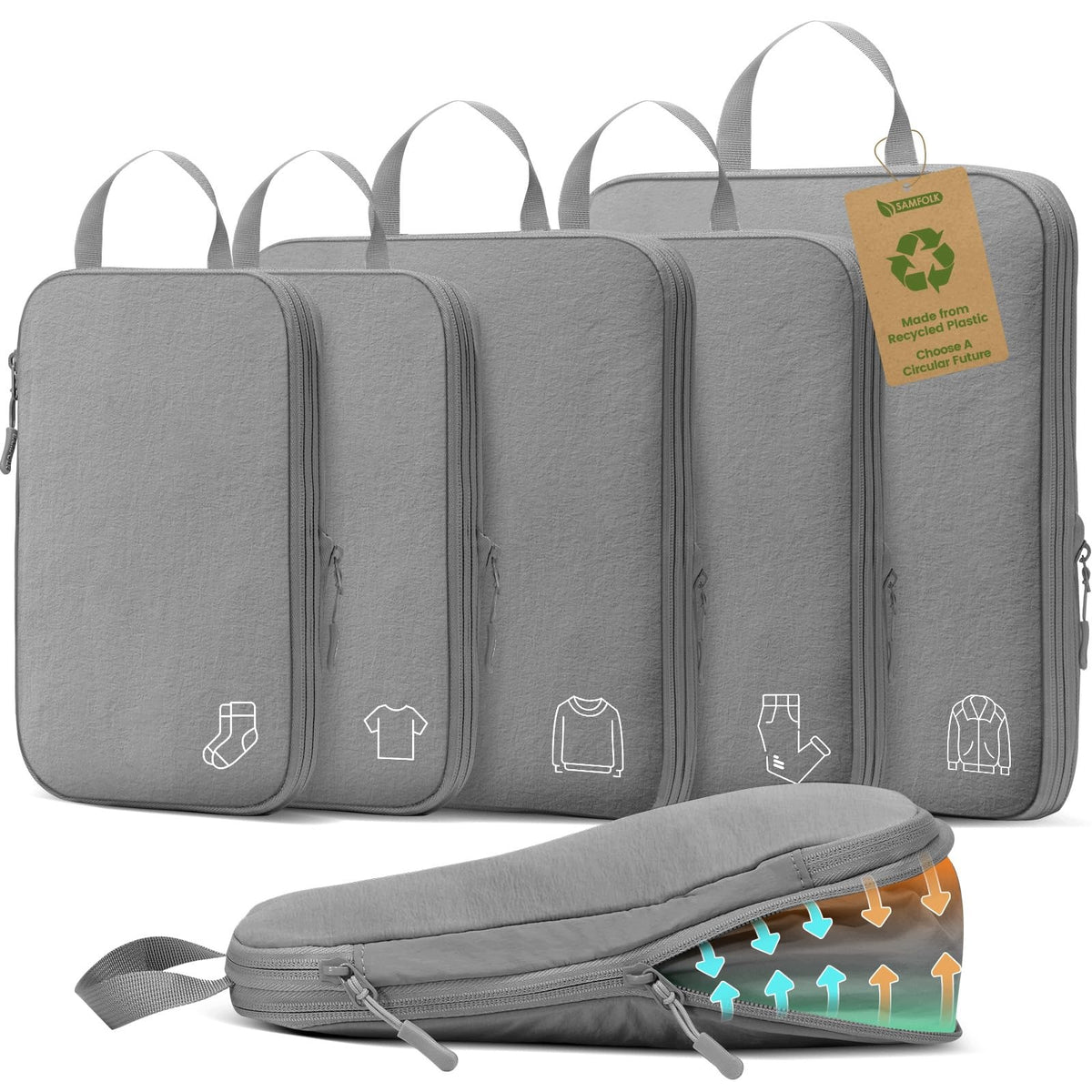 Samfolk Luggage Organizer 5 Pcs Nylon Covers Grey Compression