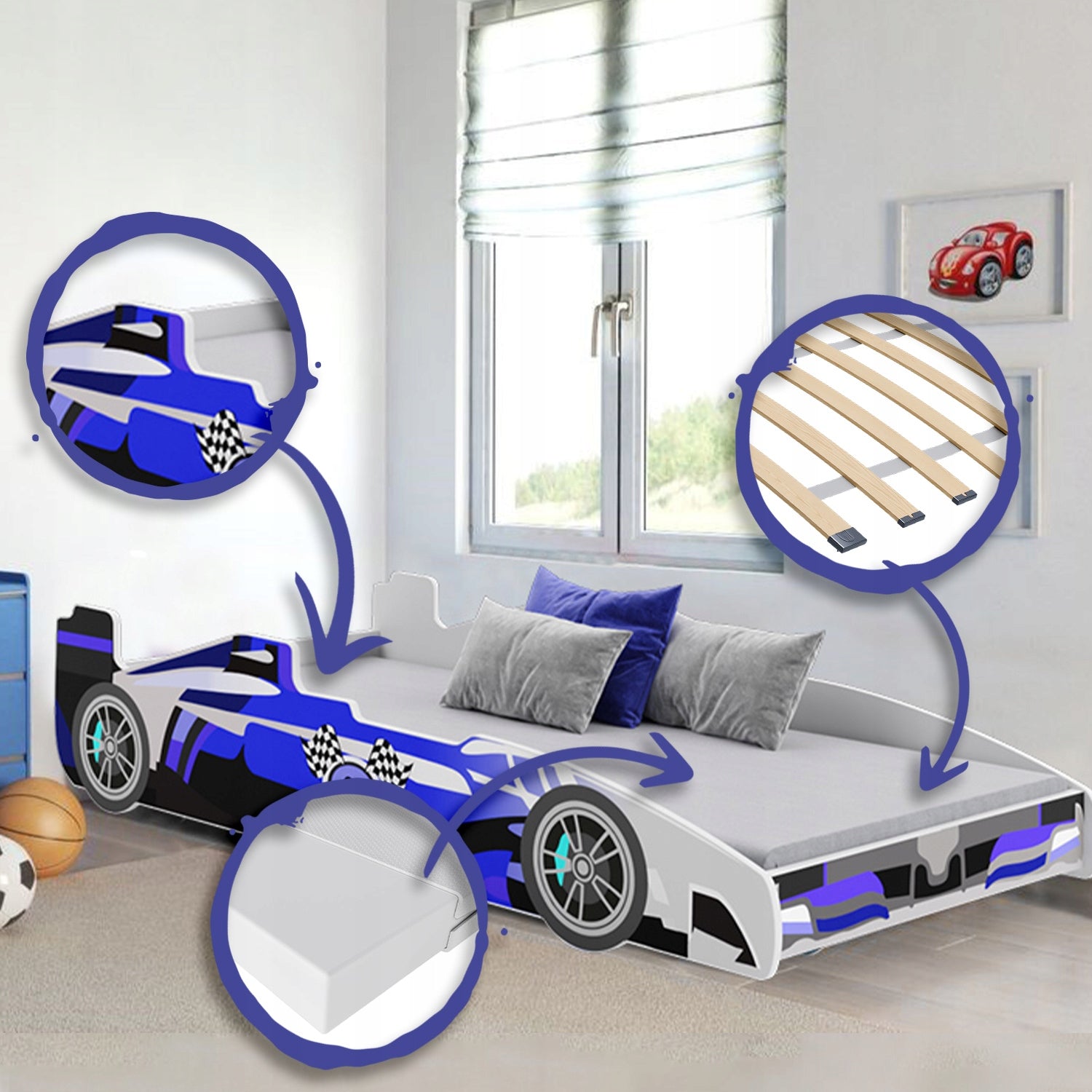 Vaikiška lova Kobi Automobilis 160x80 cm + čiužinys