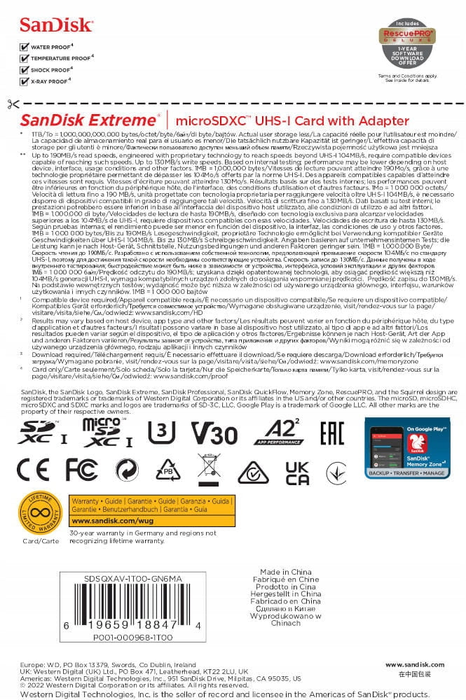 SanDisk Extreme micro SDXC 1TB 190/130 MBs Memory Card Manufacturer SanDisk
