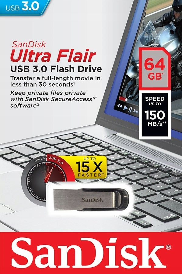 SanDisk ULTRA FLAIR USB 3.0 Flash Drive, 64GB, 150MB/s
