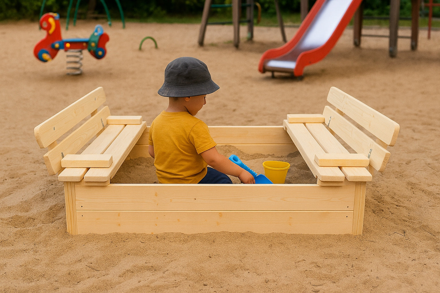 Sandbox Lockable Large Wooden Folding with Benches 120x120cm Garden Character/Title none