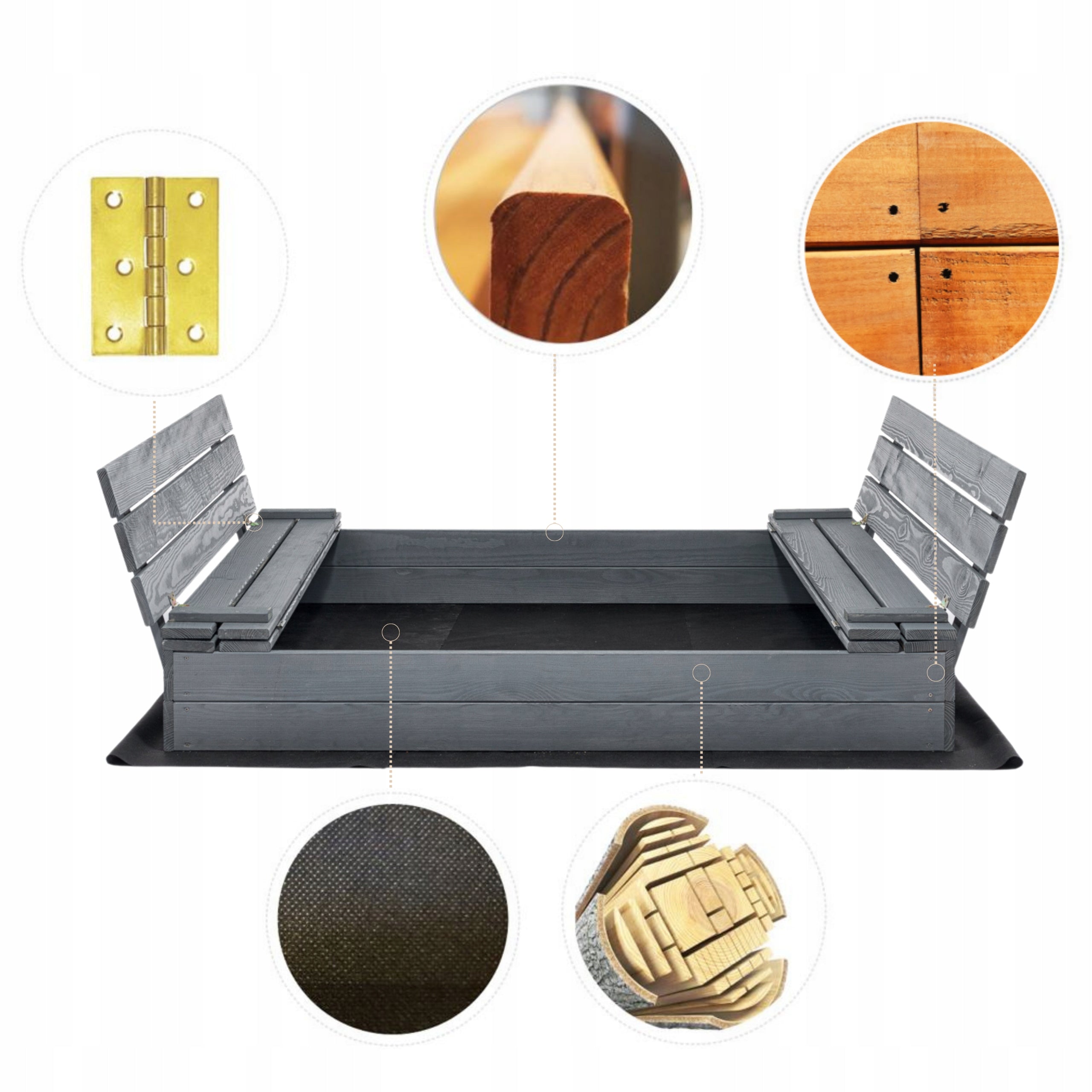 Sandbox Lockable Wooden with Benches Impregnated 140x140cm GREY Manufacturer code Piaskownica Zamykana dla Dzieci Szara Ławki