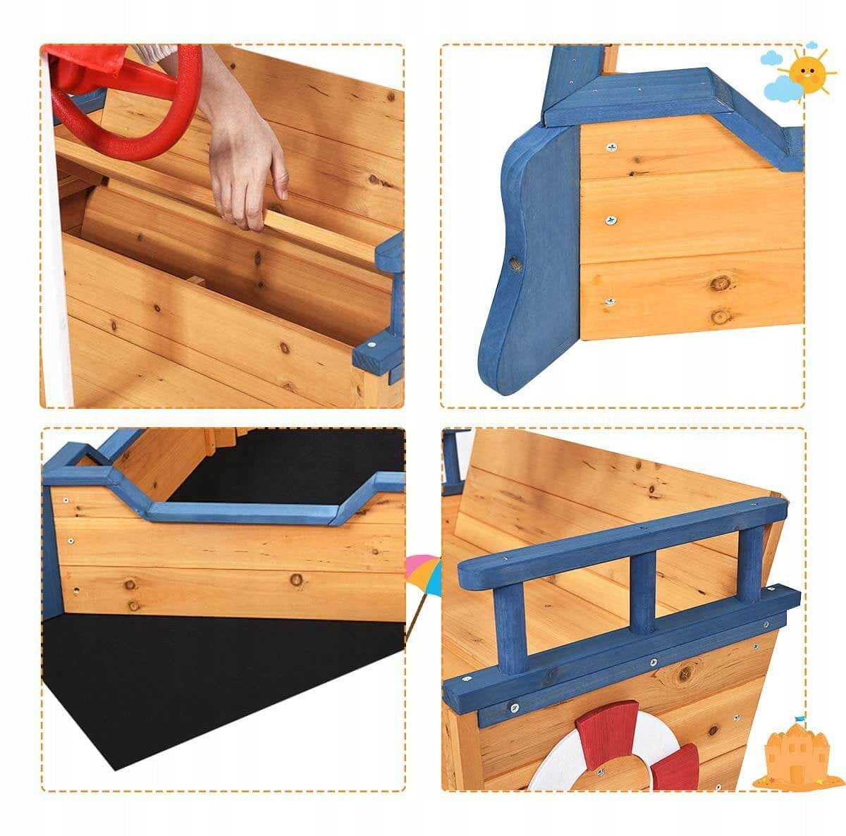 Sandbox Pirate Ship Wooden Pirate Boat with Bench Fun for Kids Brand Timeless Tools