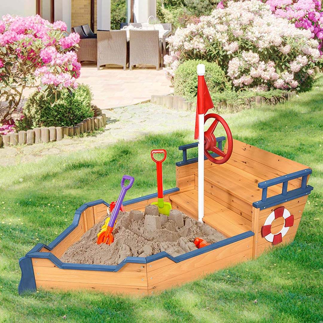 Sandbox Pirate Ship Wooden Pirate Boat with Bench Fun for Kids Packaging status original