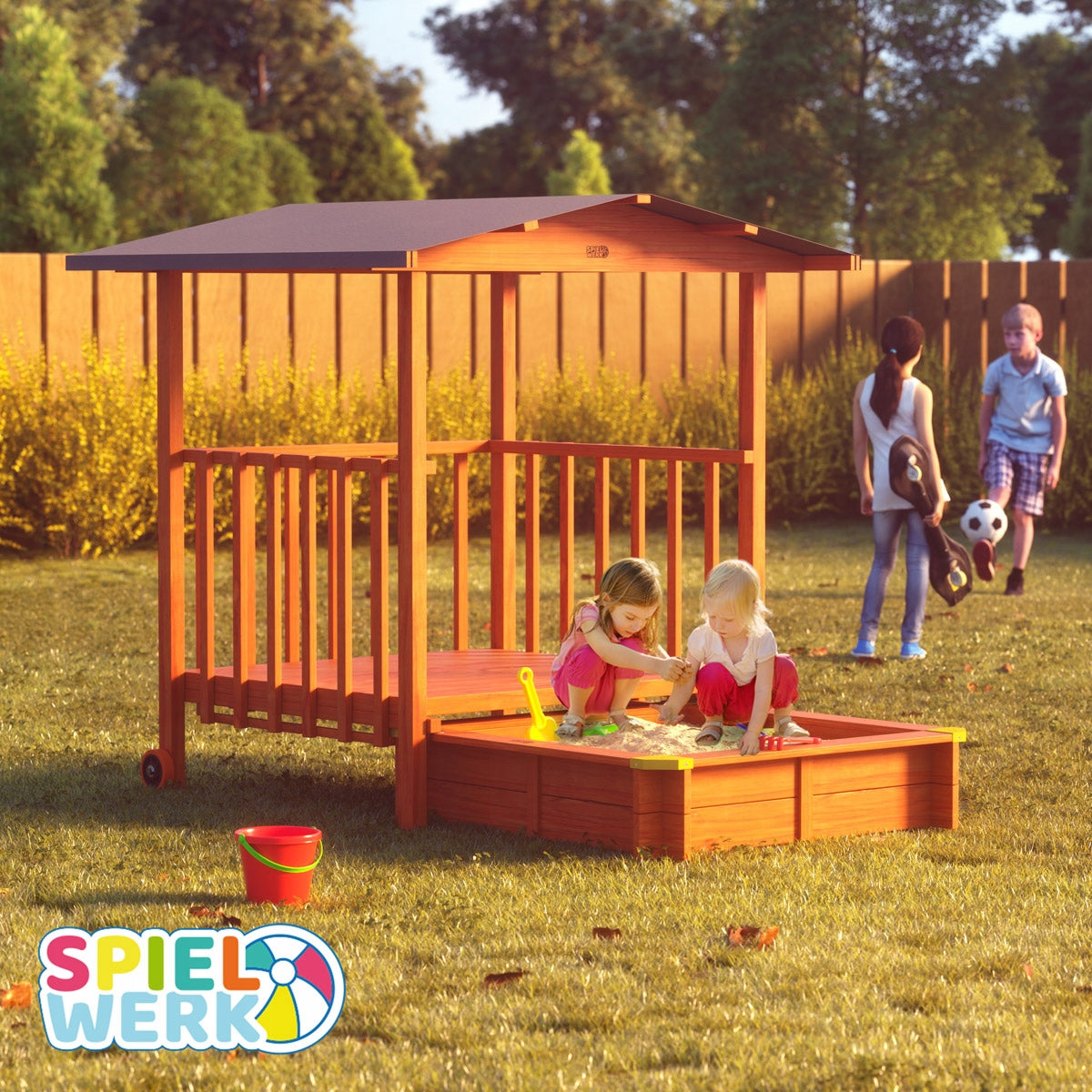 Sandbox closed with veranda wooden with visor wood 133x127x137cm Color beige