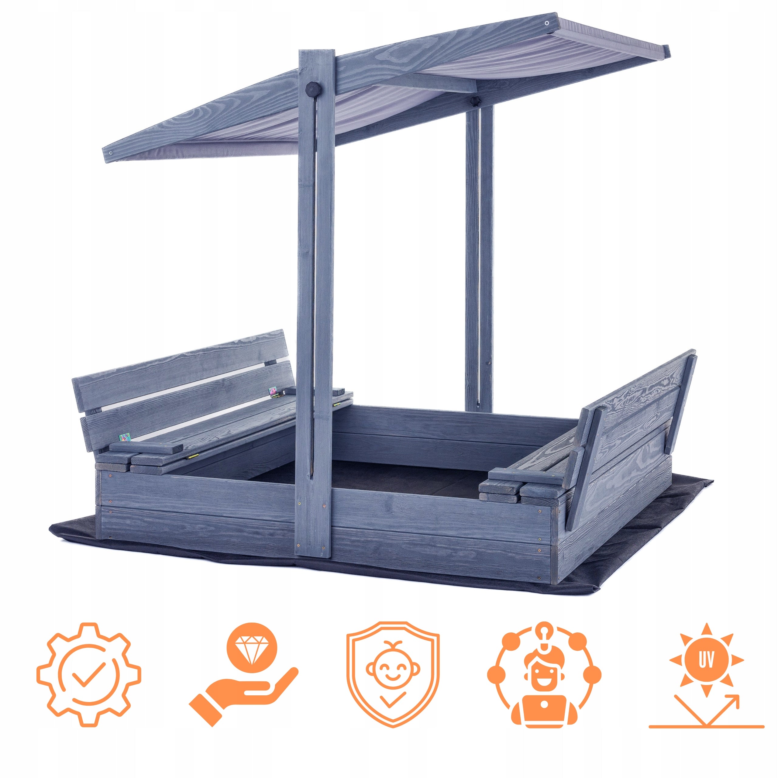 Sandbox with Canopy Impregnated Grey Wooden Lockable with Benches 120 Kind wooden