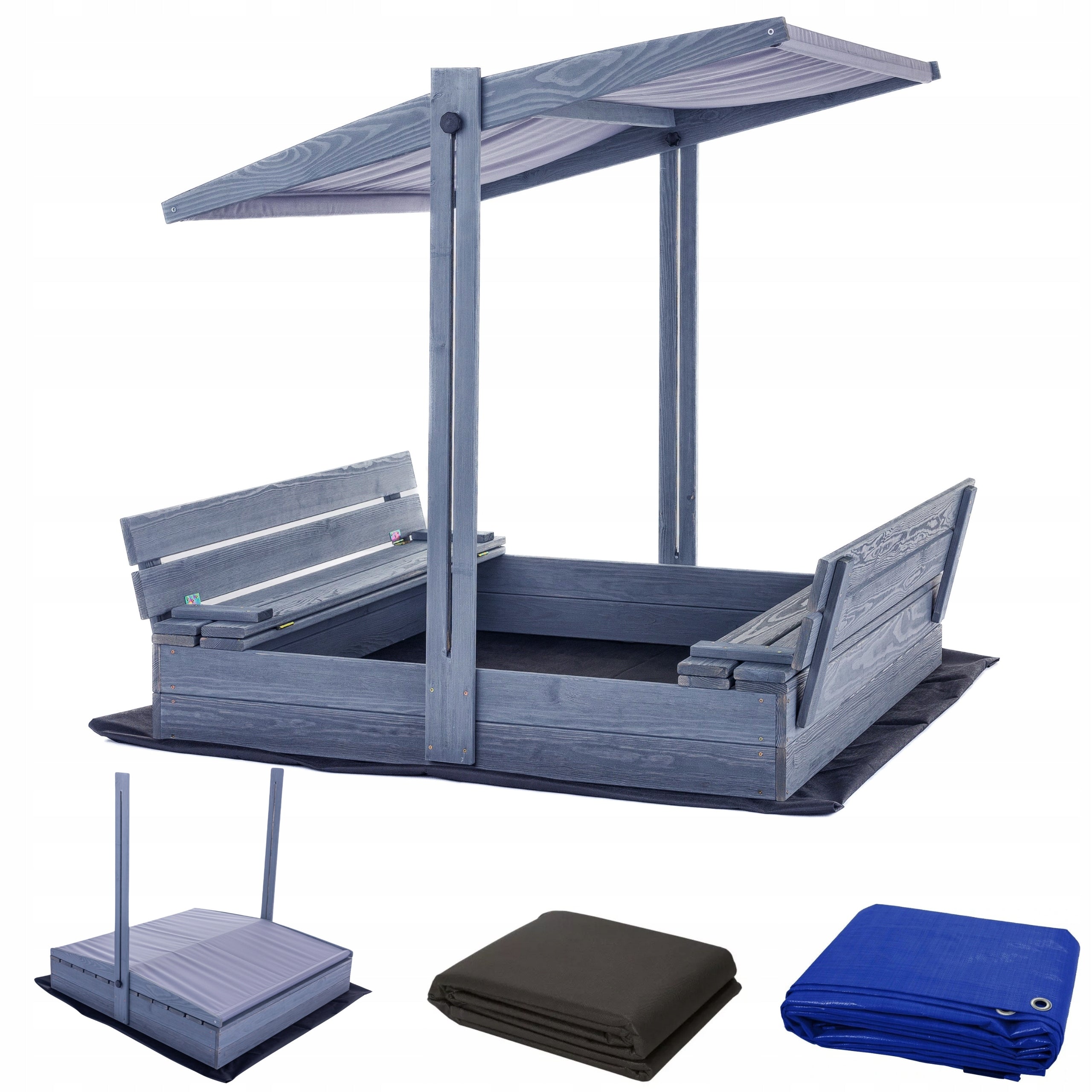 Sandbox with Canopy Impregnated Grey Wooden Lockable with Benches 120