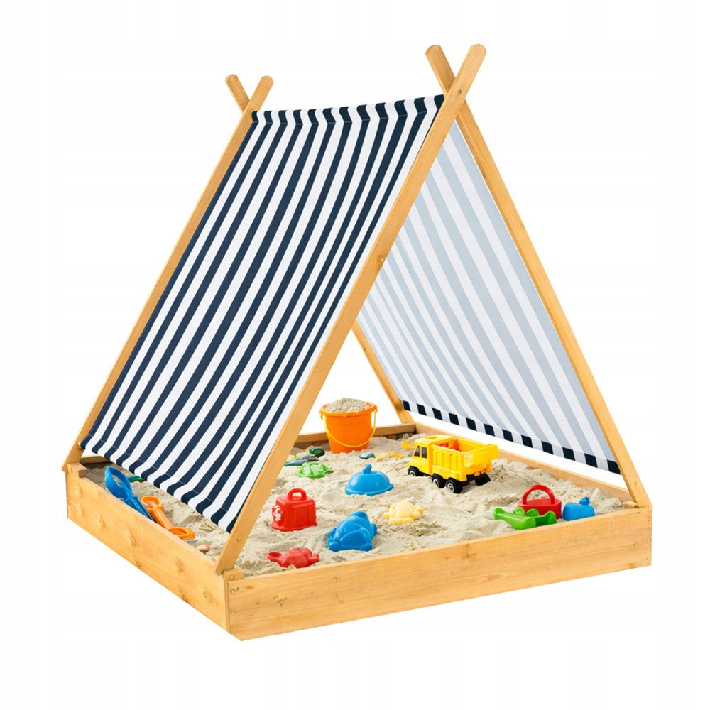 Sandbox with sun visor and wooden benches for children Length 119 cm