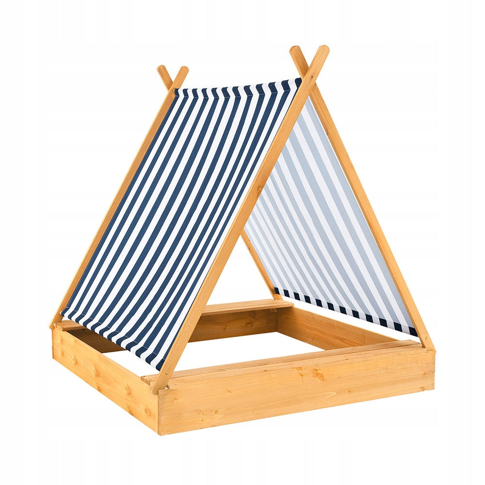 Sandbox with sun visor and wooden benches for children